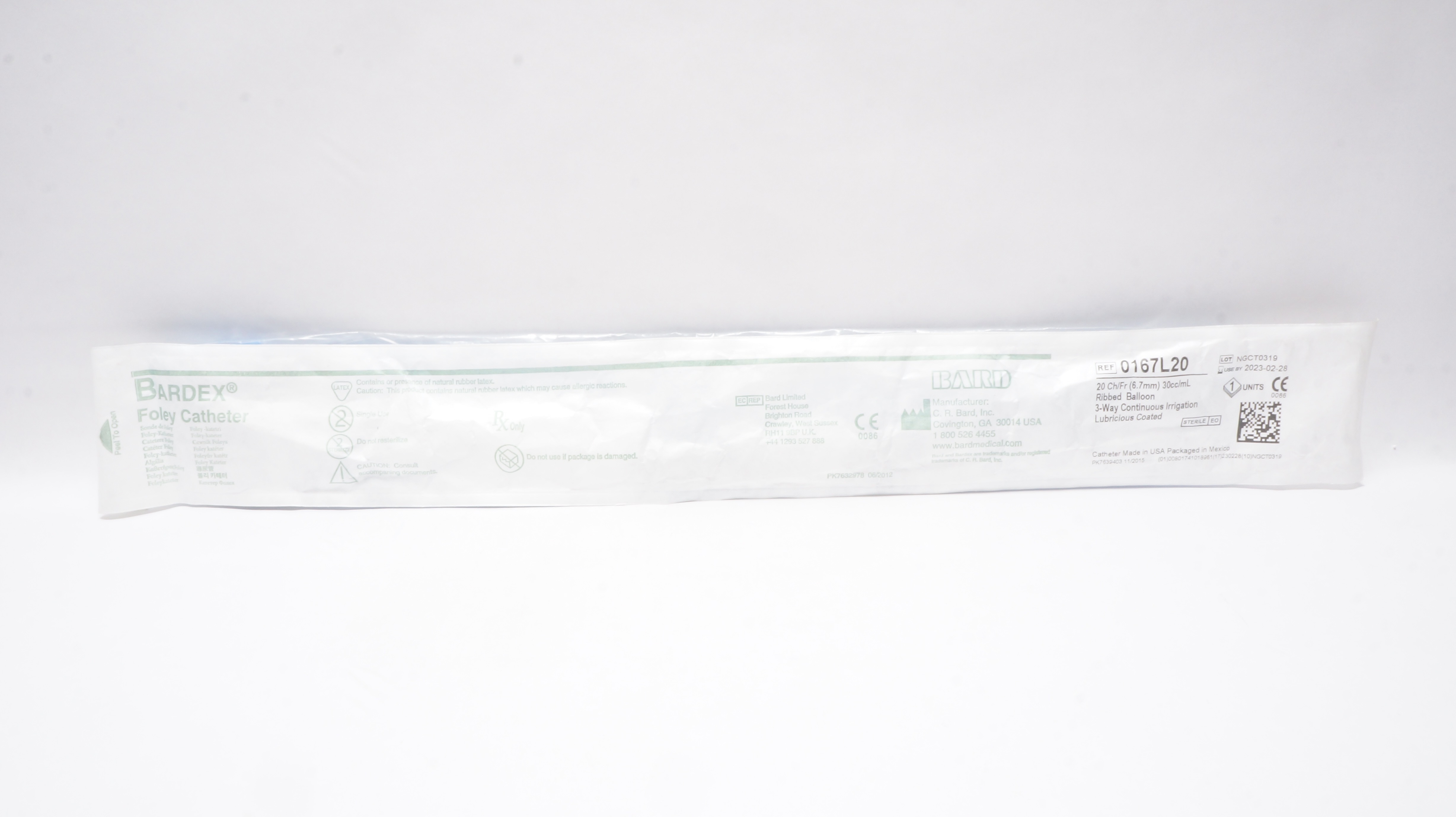 Bard 0167L20 Bardex Foley Cath. 20Fr 30cc/mL Ribbed Balloon