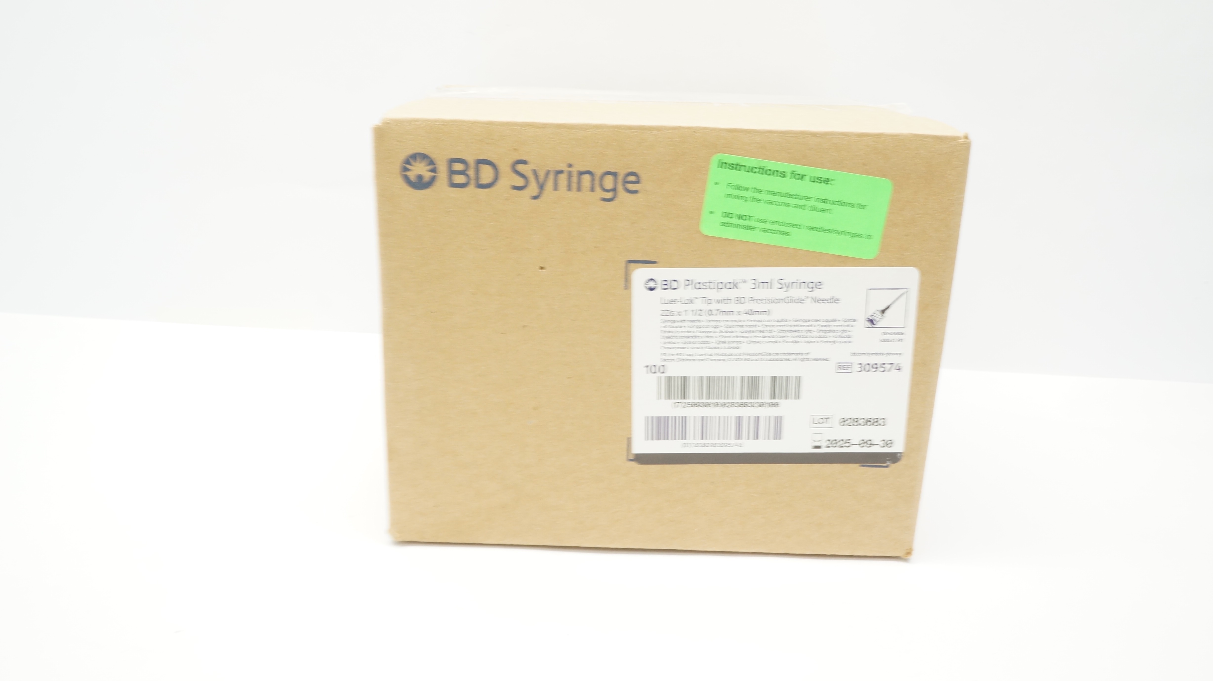 BD 309574 3ml Syringe Luer-Lok Tip W/BD PrecisionGlide Ndle 22Gx1-1/2-Box of 88