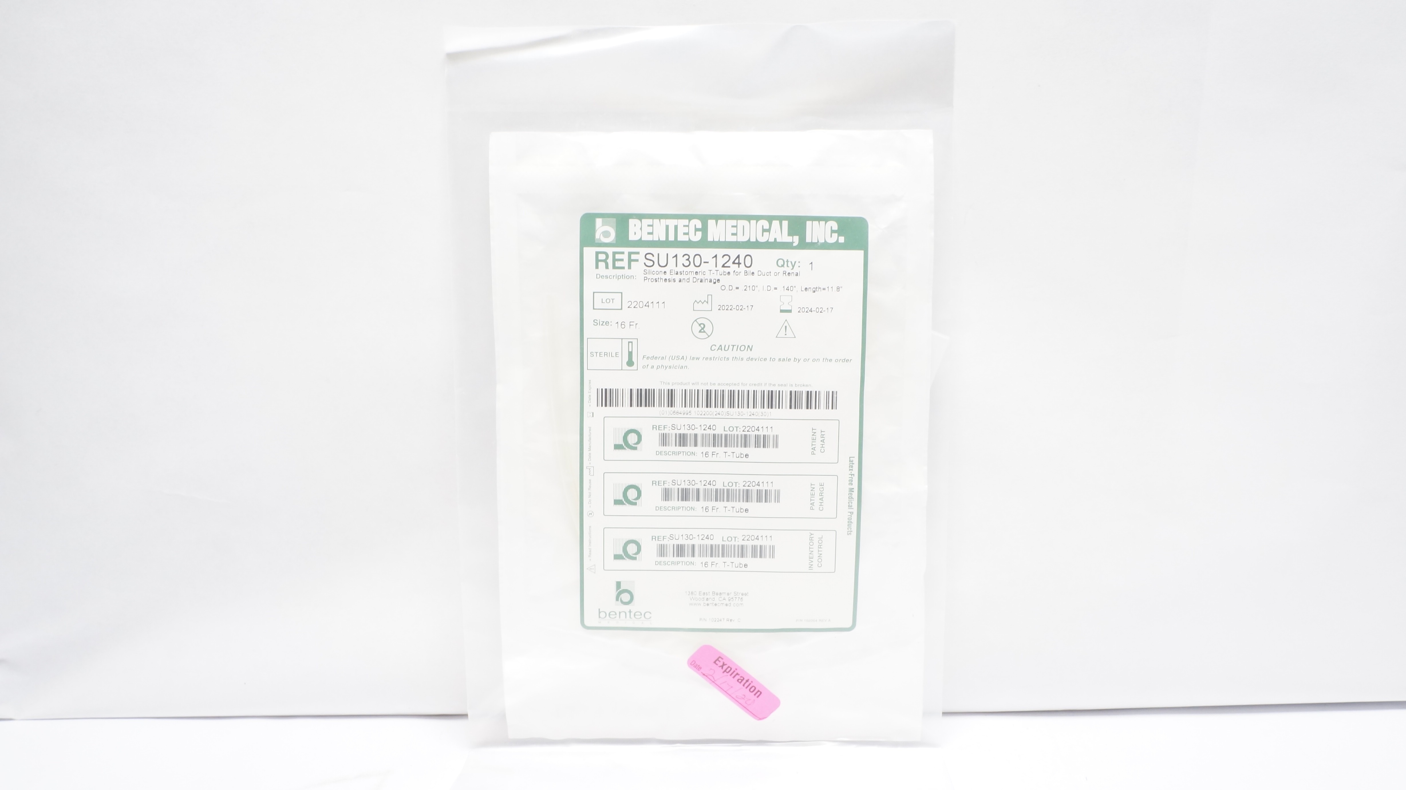 Bentec Medical SU130-1240 Silicone T-Tube, Biliary Drainage Cath. 16Fr (x)