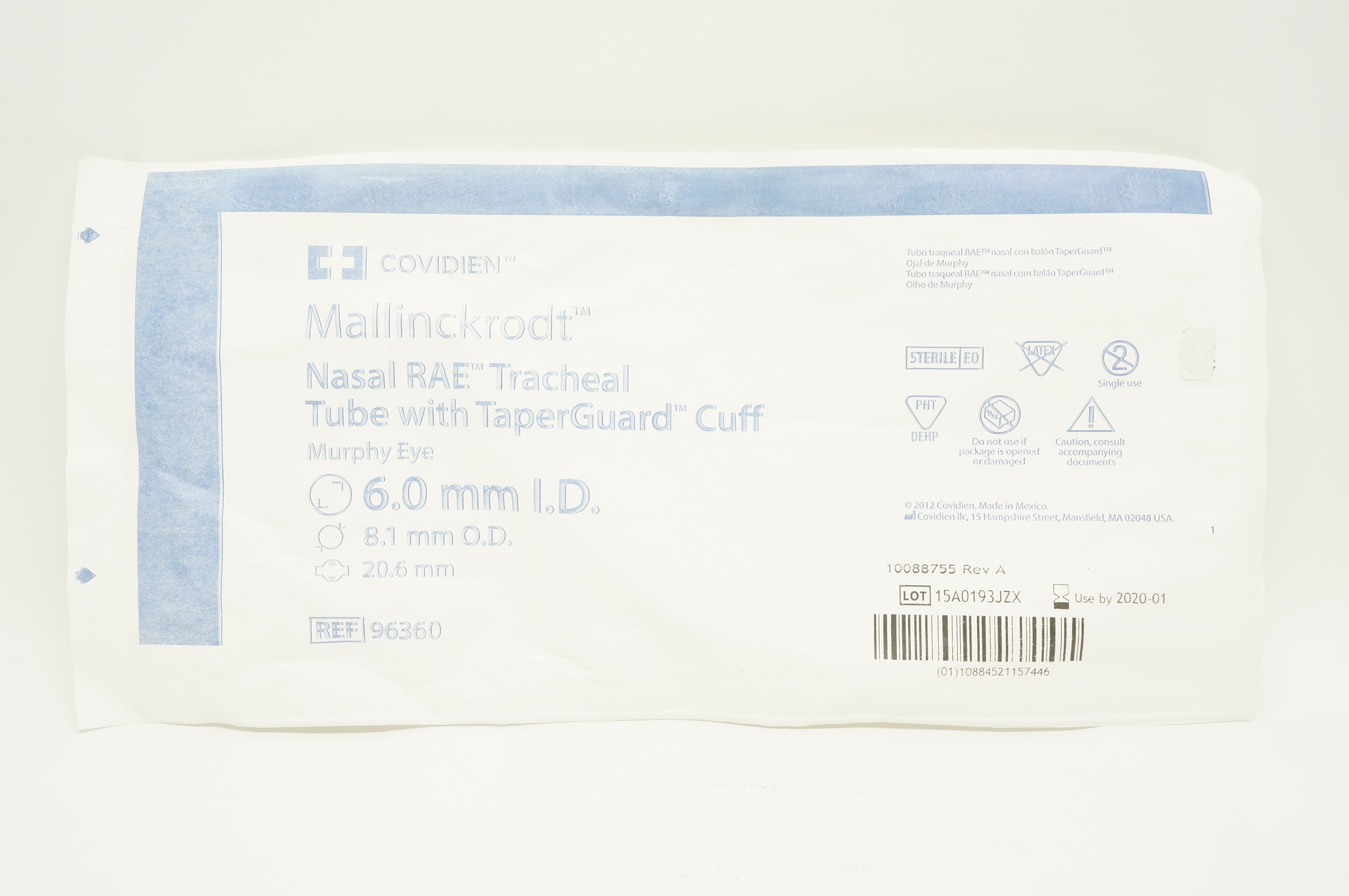 Covidien 96360 Mallinckrodt Oral RAE Tracheal Tube with Cuff 6.0 x 8