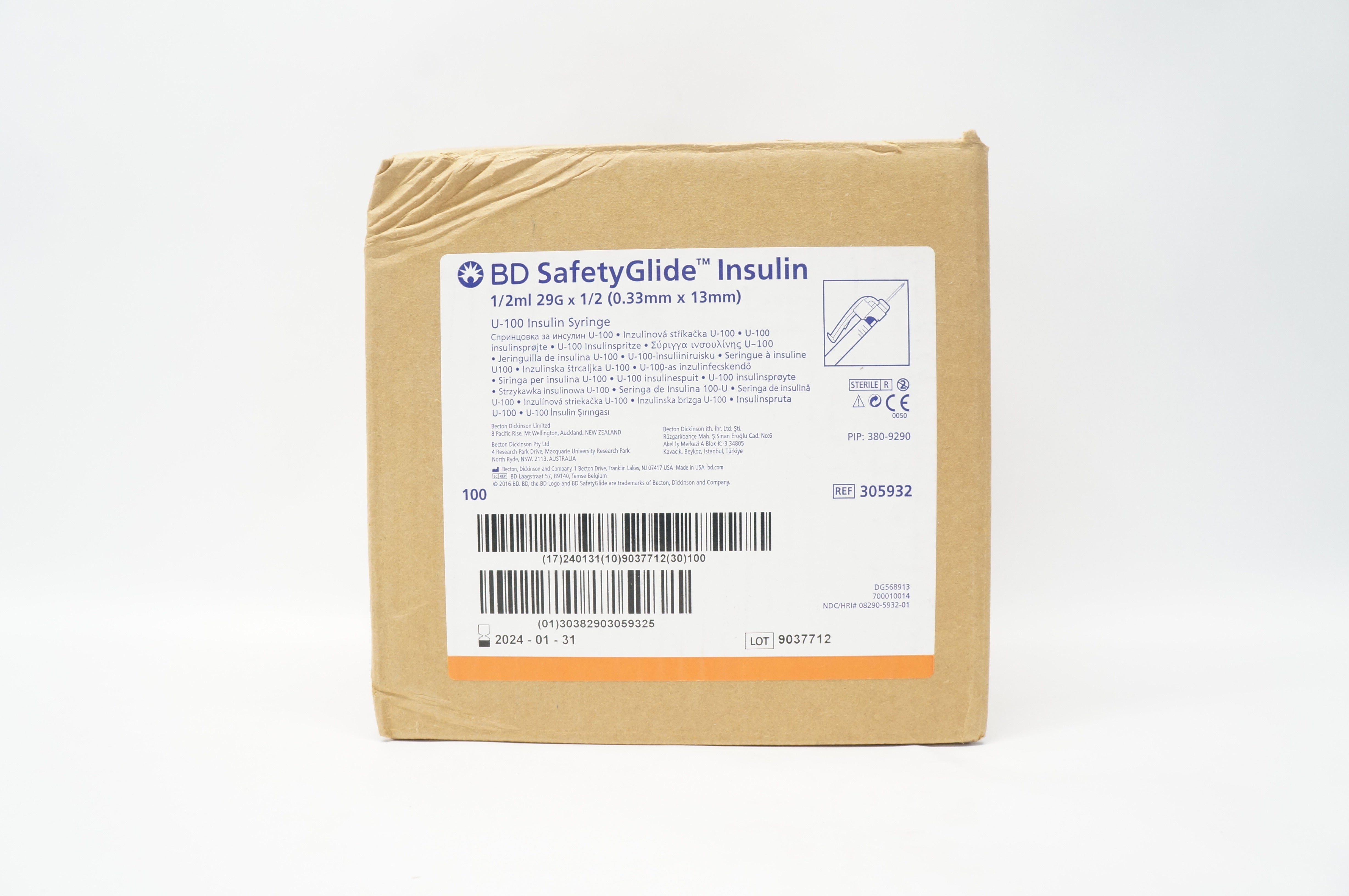 BD 305932 SafetyGlide U-100 Insulin Syringe 1/2ml 29G x 1/2 - Box of 66