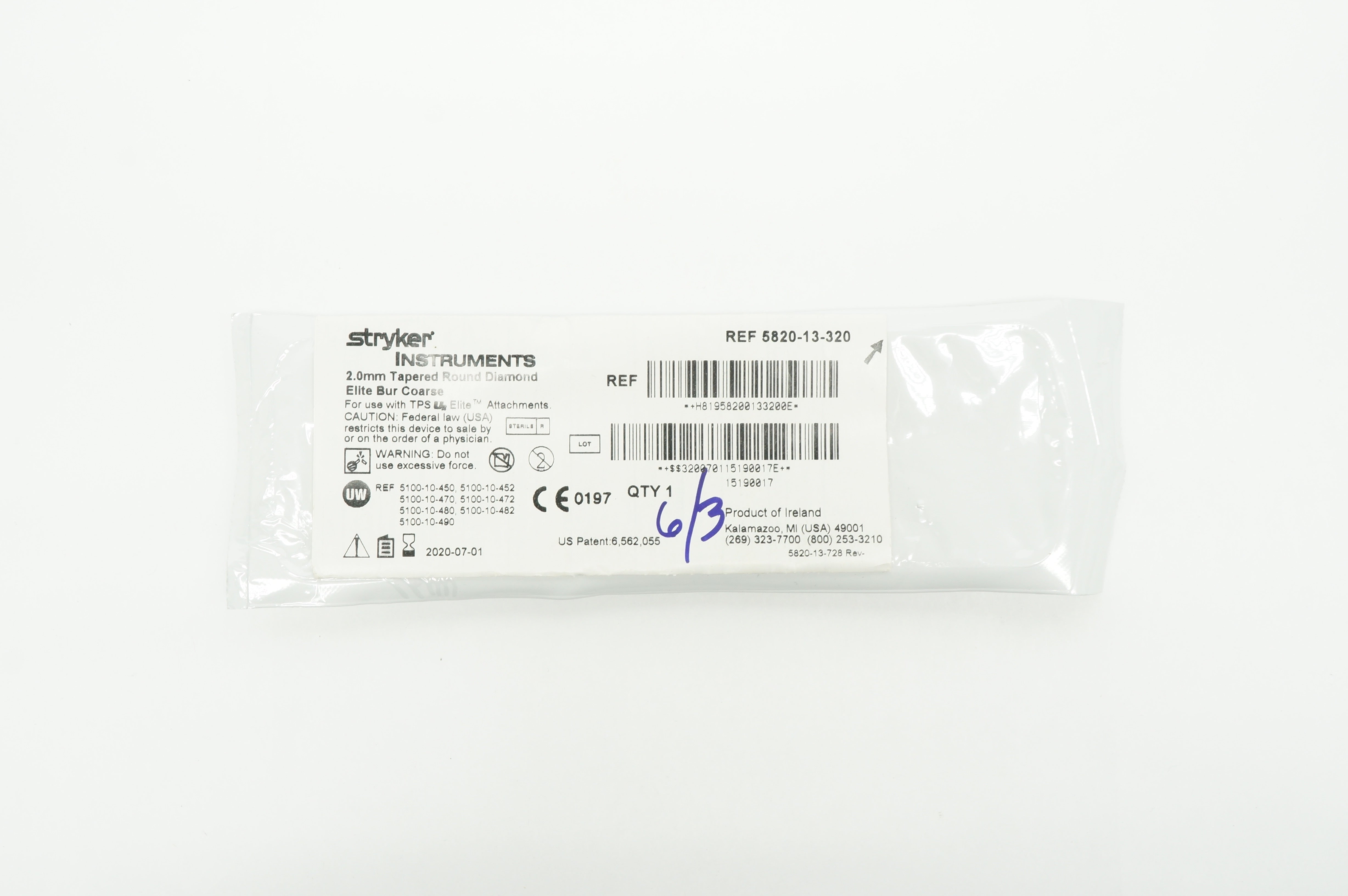 Stryker 5820-13-320 Tapered Round Diamond Elite Bur Coarse 2.0mm (x)