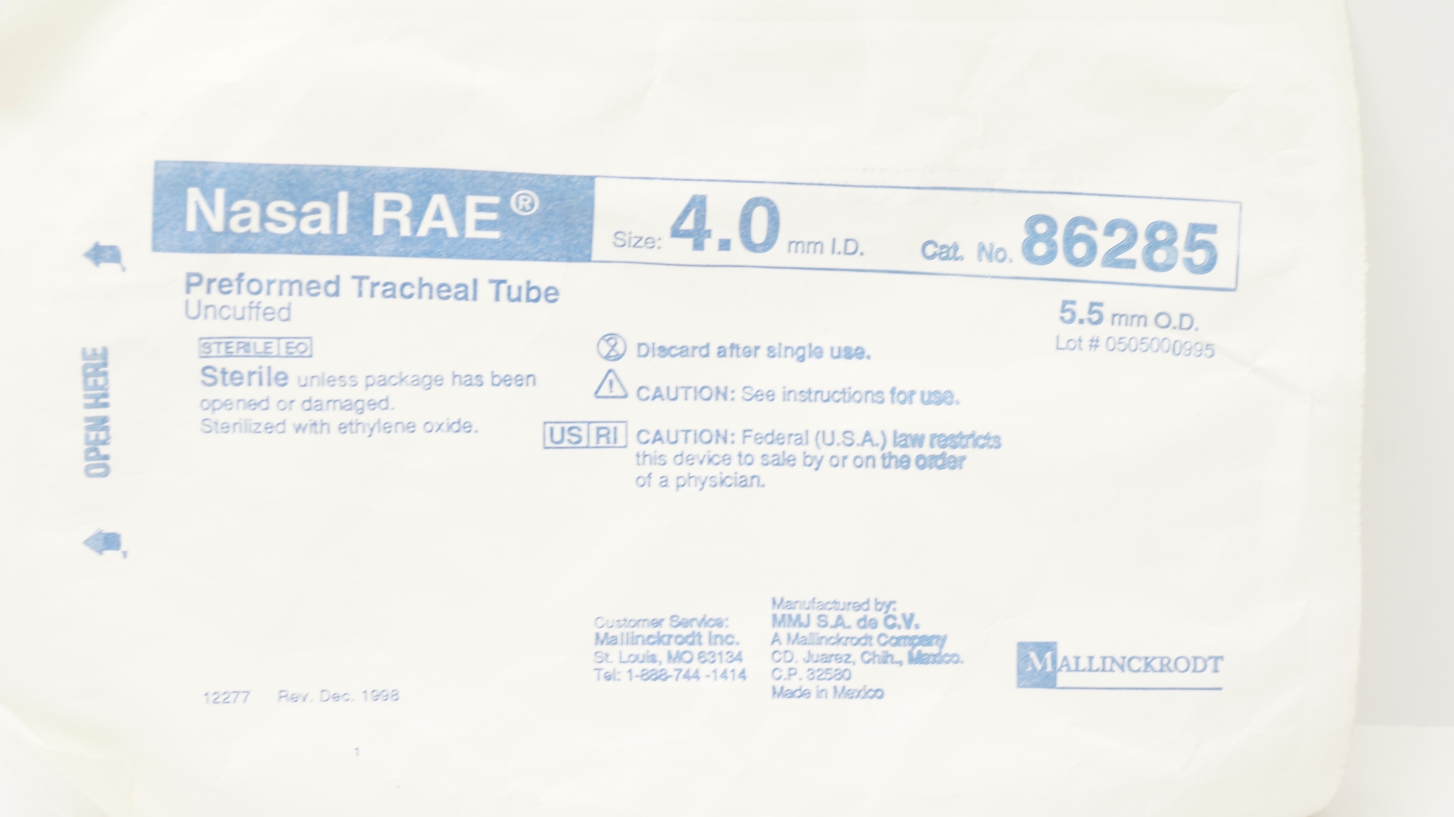 Mallinckrodt 86285 Nasal RAE Tracheal Tube Cuffles 4.0mm I.D. x 5.5mm O.D.