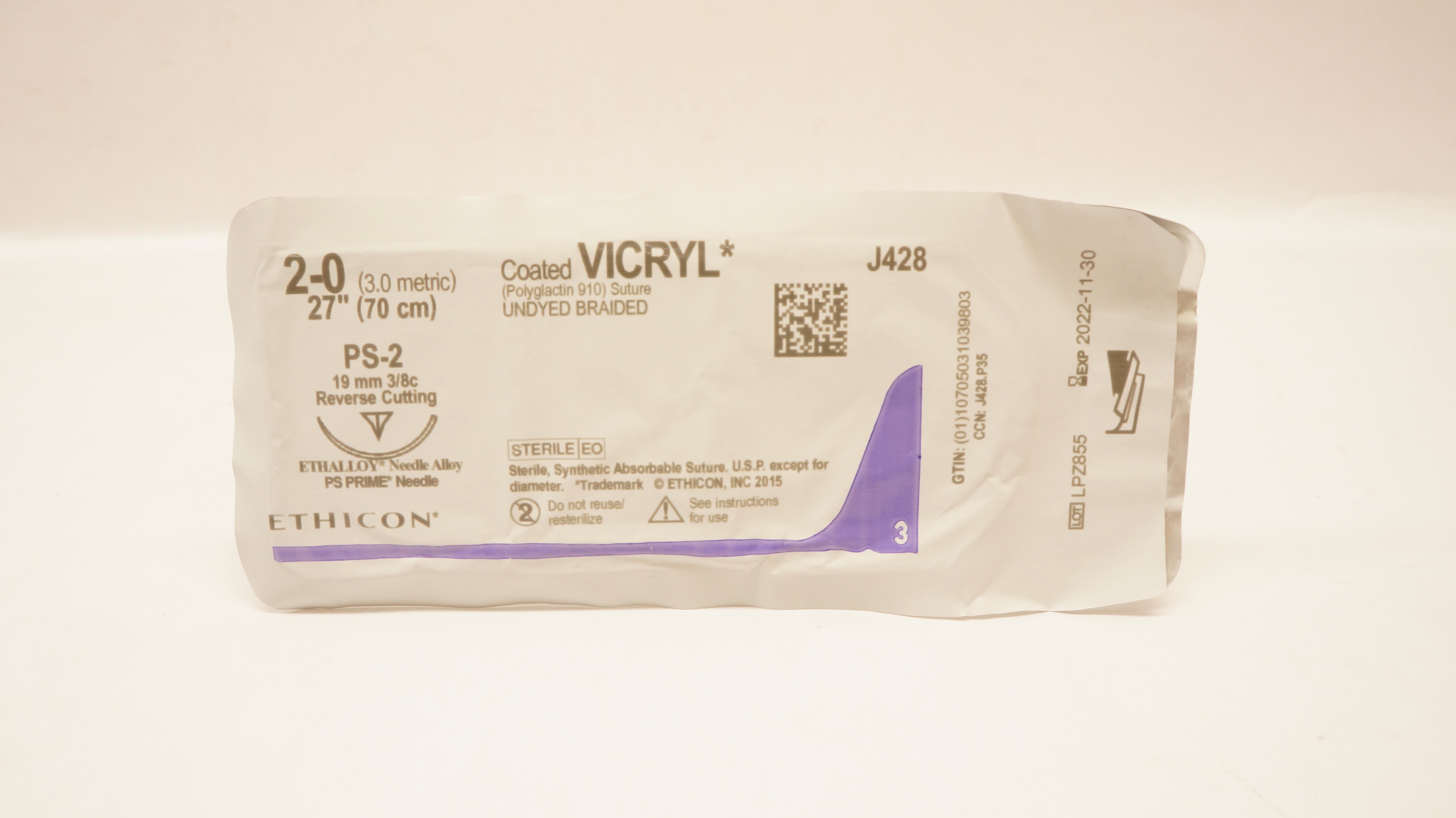 Ethicon J428 2-0 Coated Vicryl Stre PS-2 19mm 3/8c Reverse Cutting, 27inch (x)