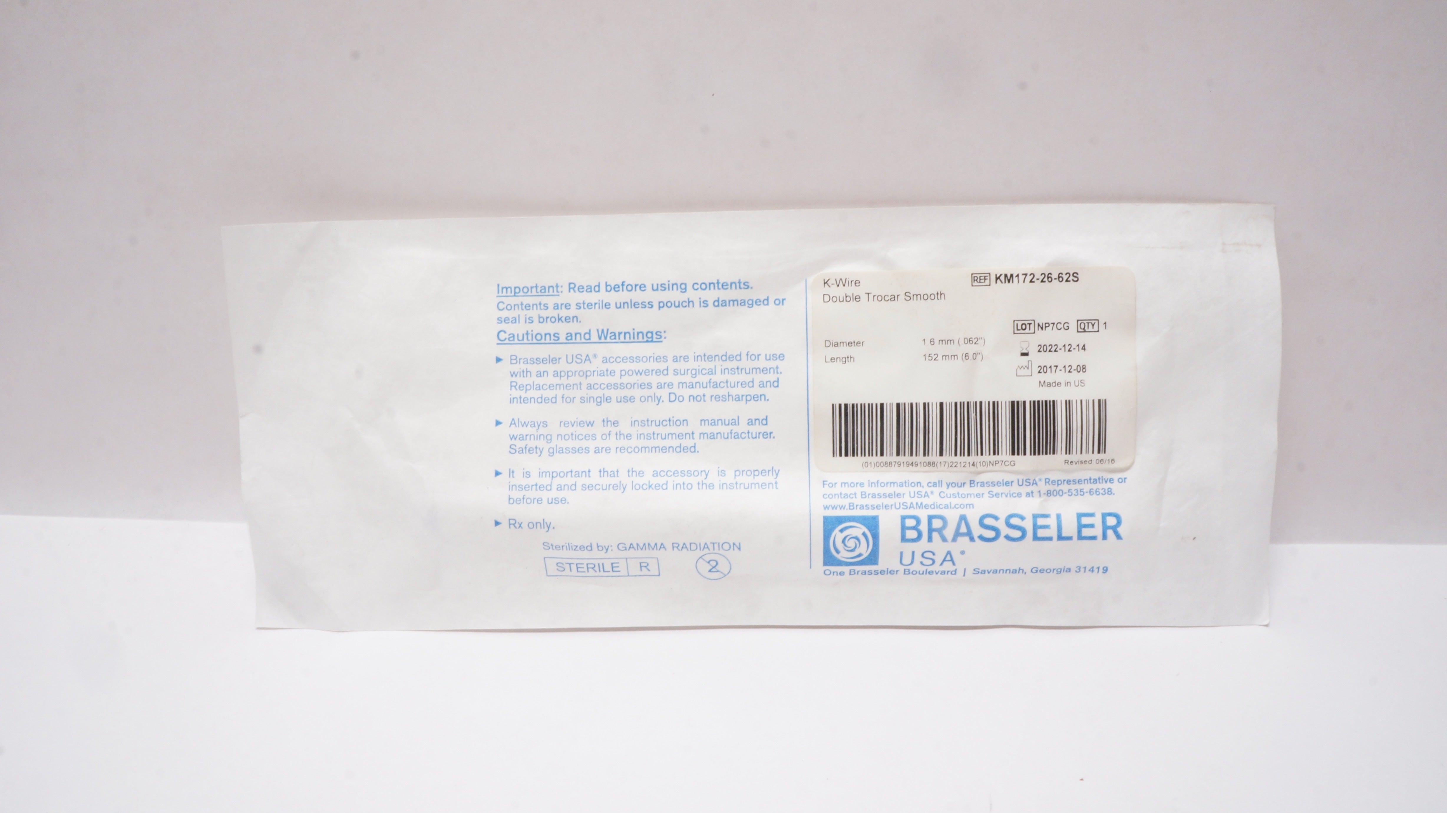 Brasseler KM172-26-62S K-Wire Double Trocar Smooth 0.062inch x 6.0inch (x)