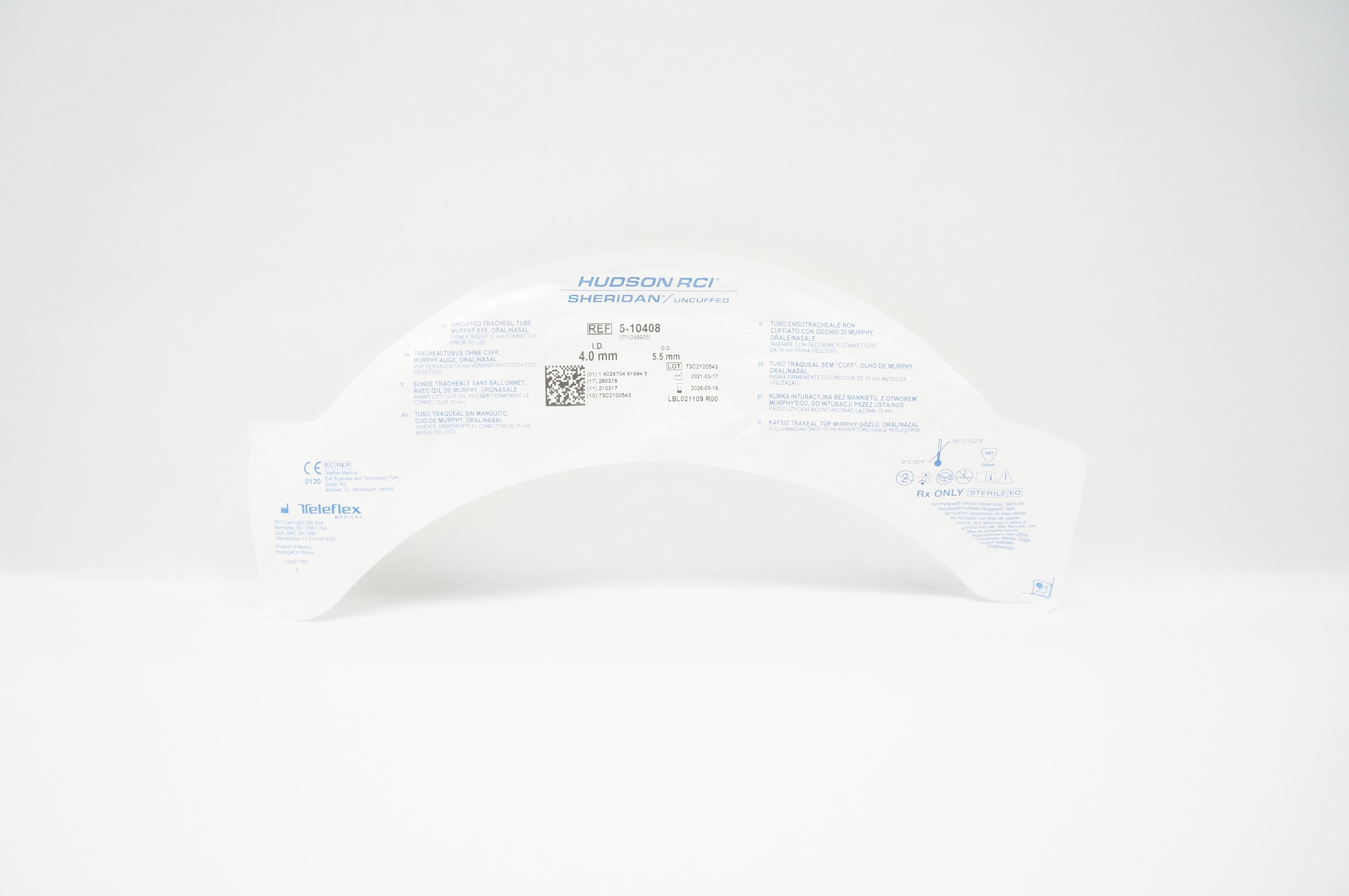 Teleflex 5-10408 Hudson RCI Sheridan Uncuffed Tracheal Tube 4.0mm ID x 5.5mm OD