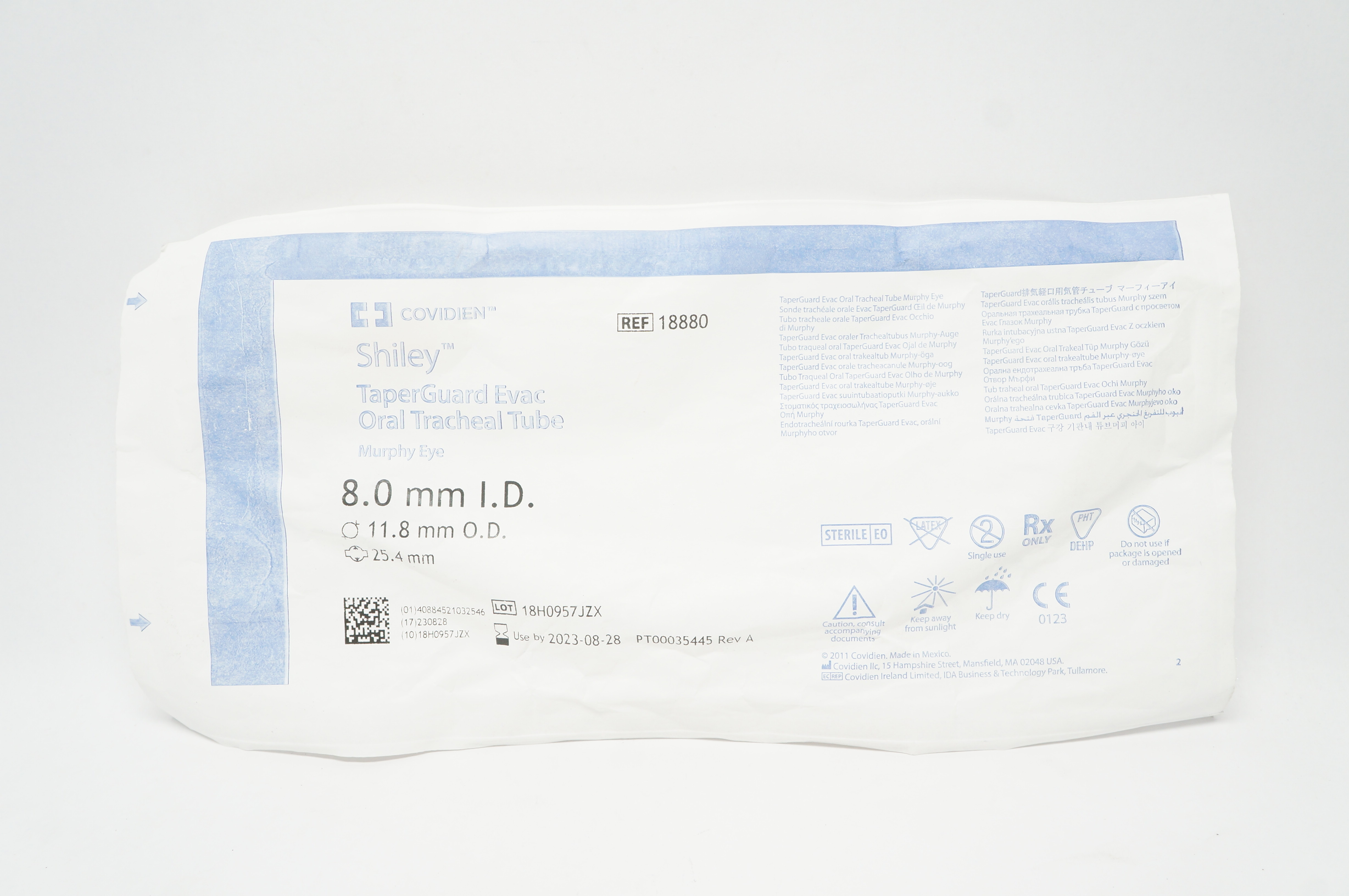 Covidien 18880 Shiley TaperGuard Evac Oral Tracheal Tube 8.0mm ID x 11.8mm OD