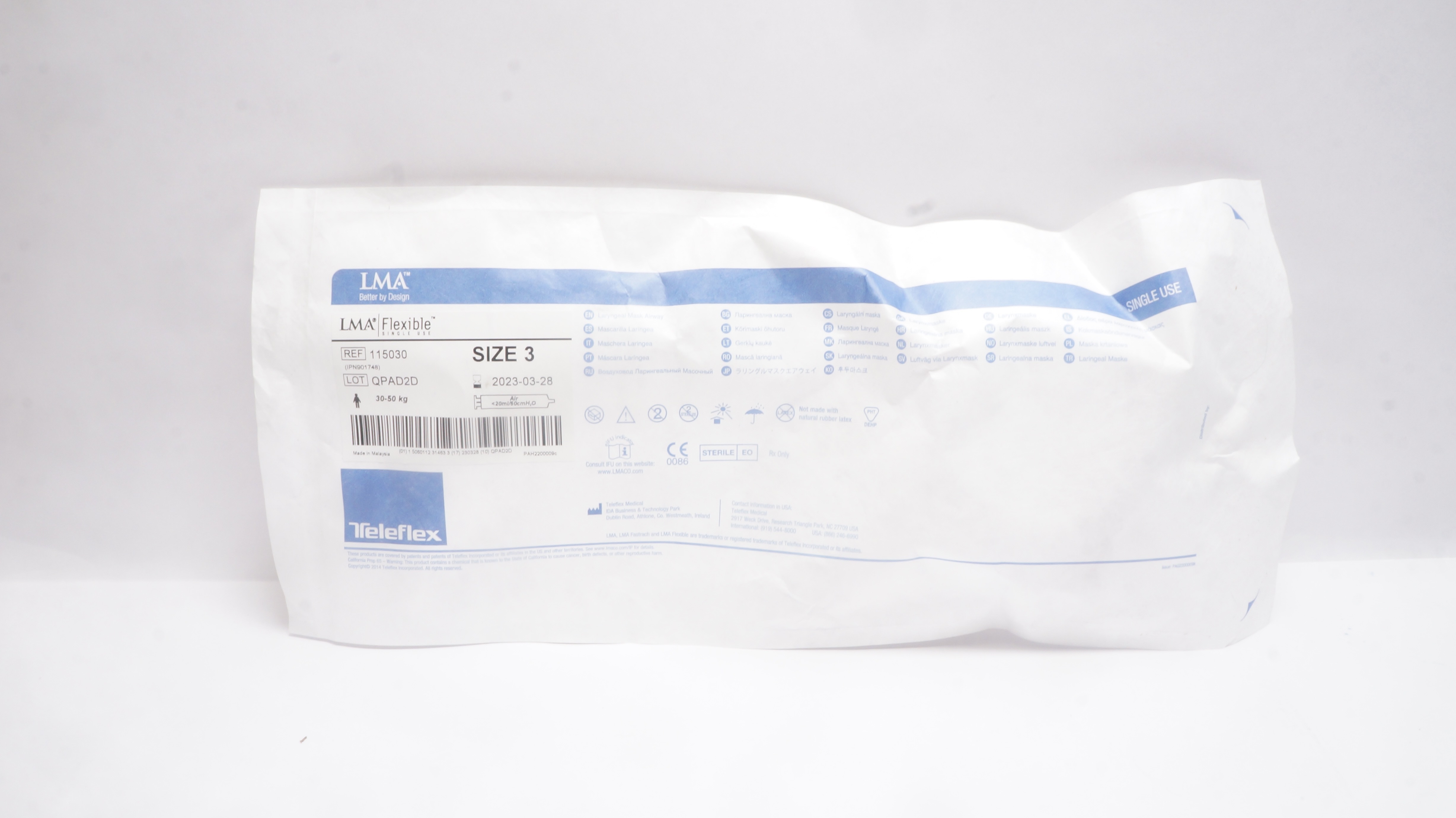 Teleflex 115030 LMA Laryngeal Mask Airway Size 3, 30-50kg Air<20ml/60cm H2O (x)