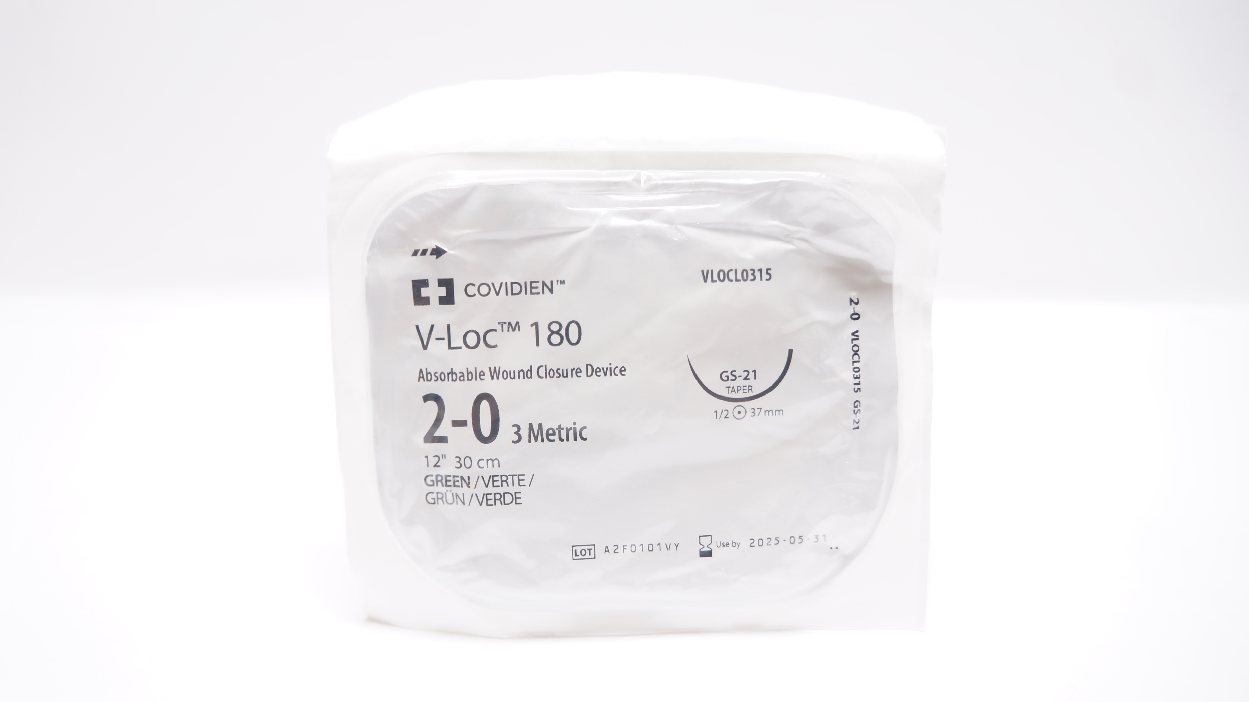 Covidien VLOCL0315, 2-0 V-Loc 180 Green, GS-21 1/2c 37mm Taper, 12inch