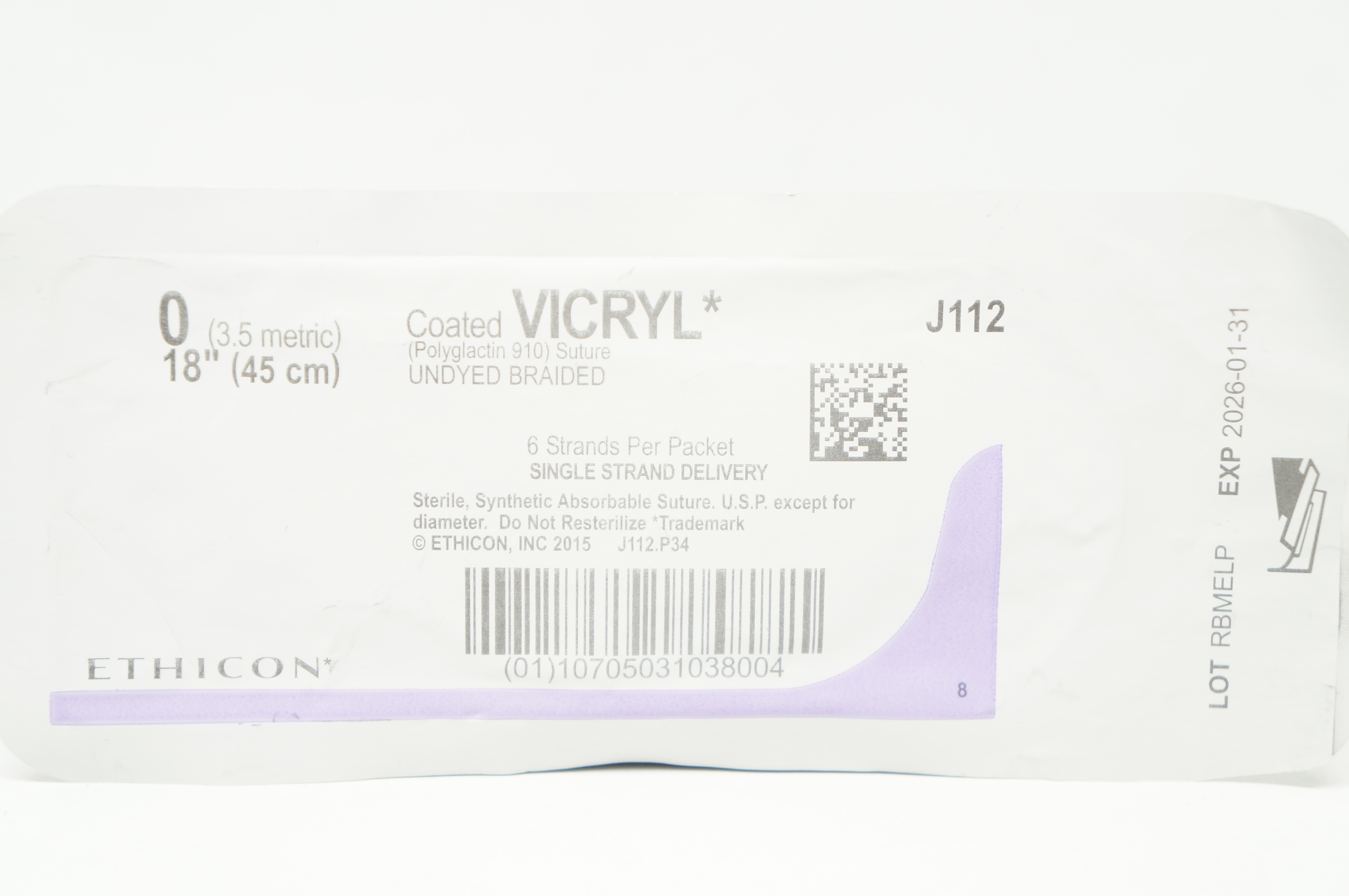 Ethicon J112 0 Coated VICRYL Stre Undyed Braided 18inch