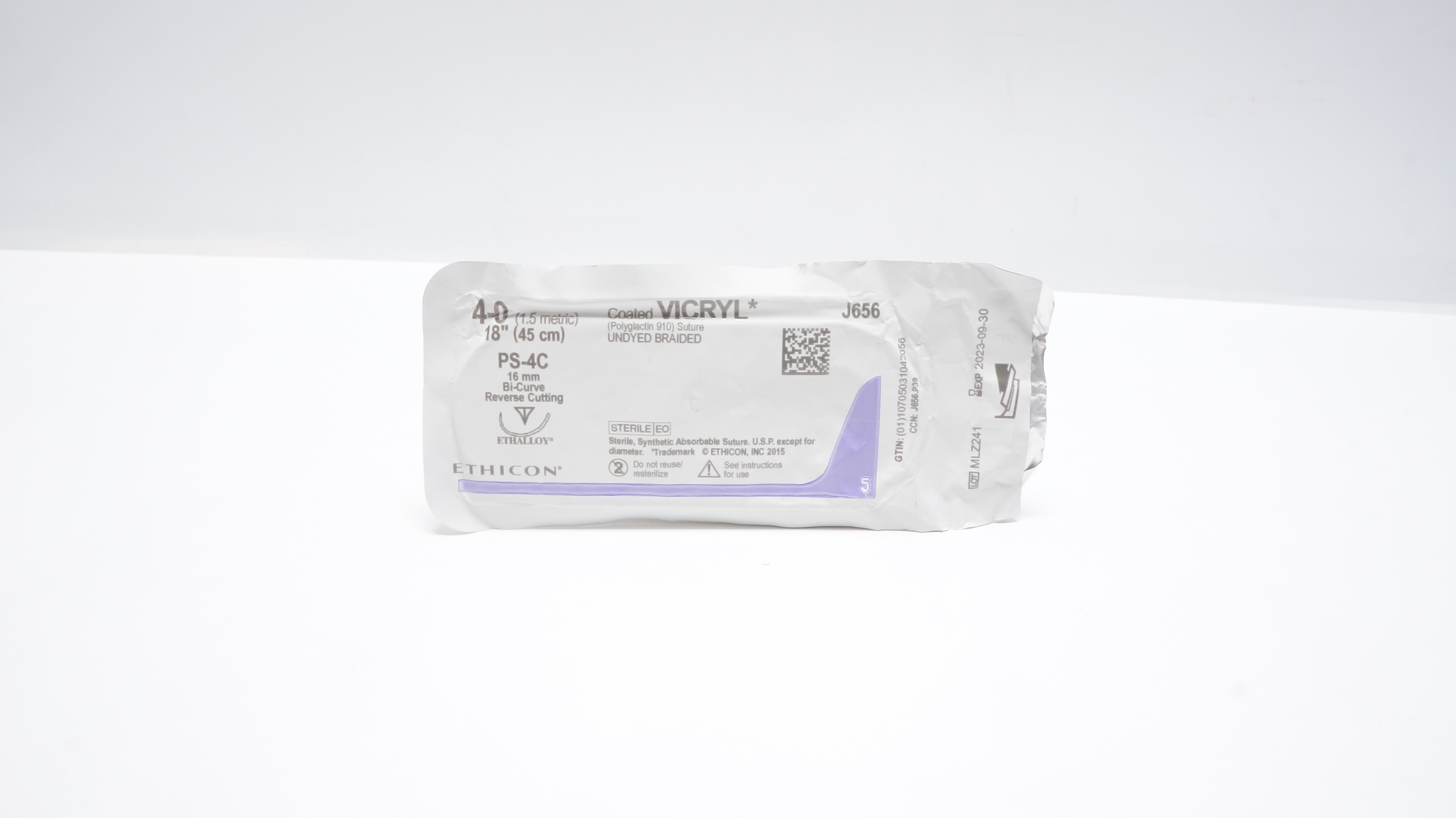 Ethicon J656 4-0 Coated Vicryl Undyed Braided PS-4C 16mm Bi-Curve 18in (x)