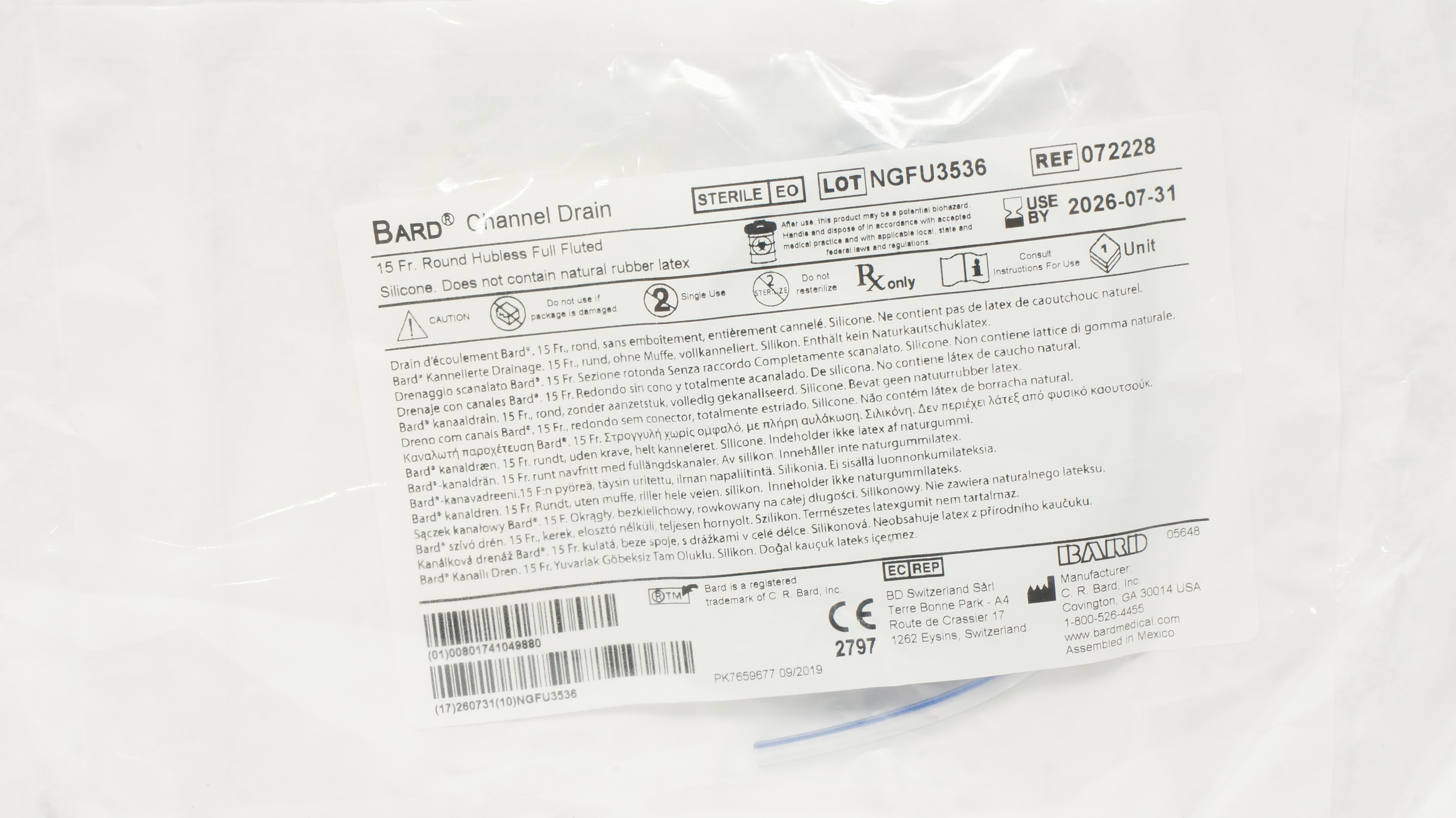 Bard 072228 Channel Drain Round Hubless Full Fluted Silicone 15Fr