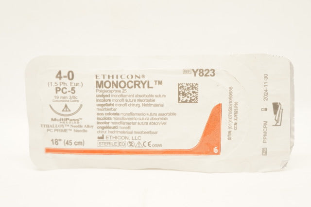 Ethicon Y823 4-0 Monocryl Undyed Stre PC-5 19mm 3/8c Conventional Cutting 18inch