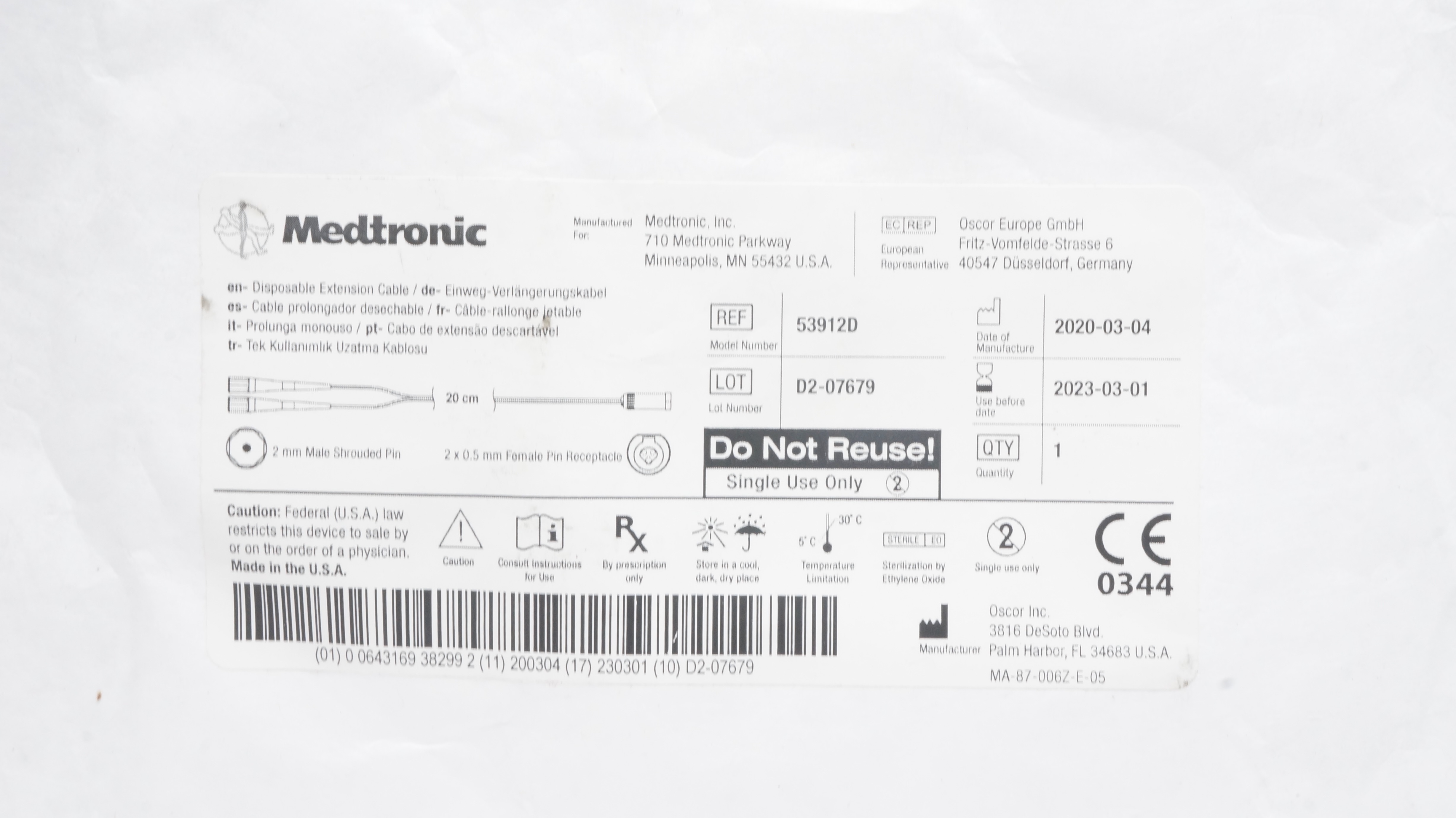 Medtronic 53912D Disposable Extension Cable 20cm (x)