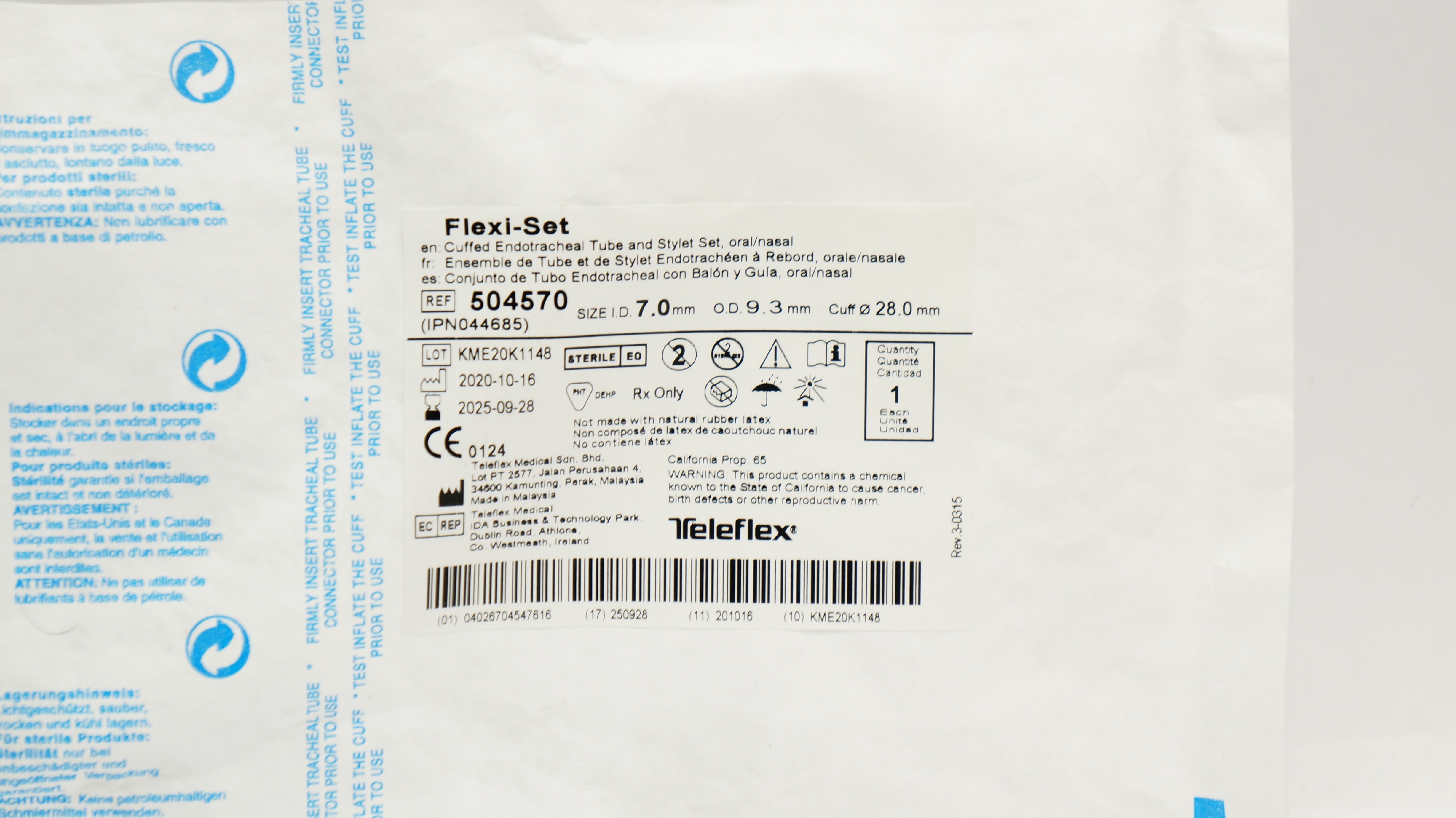 Ett Set Box Teleflex 504570 Cuffed Endotracheal Tube & Stylet Set 7.0mmID x 9.3mmOD ...