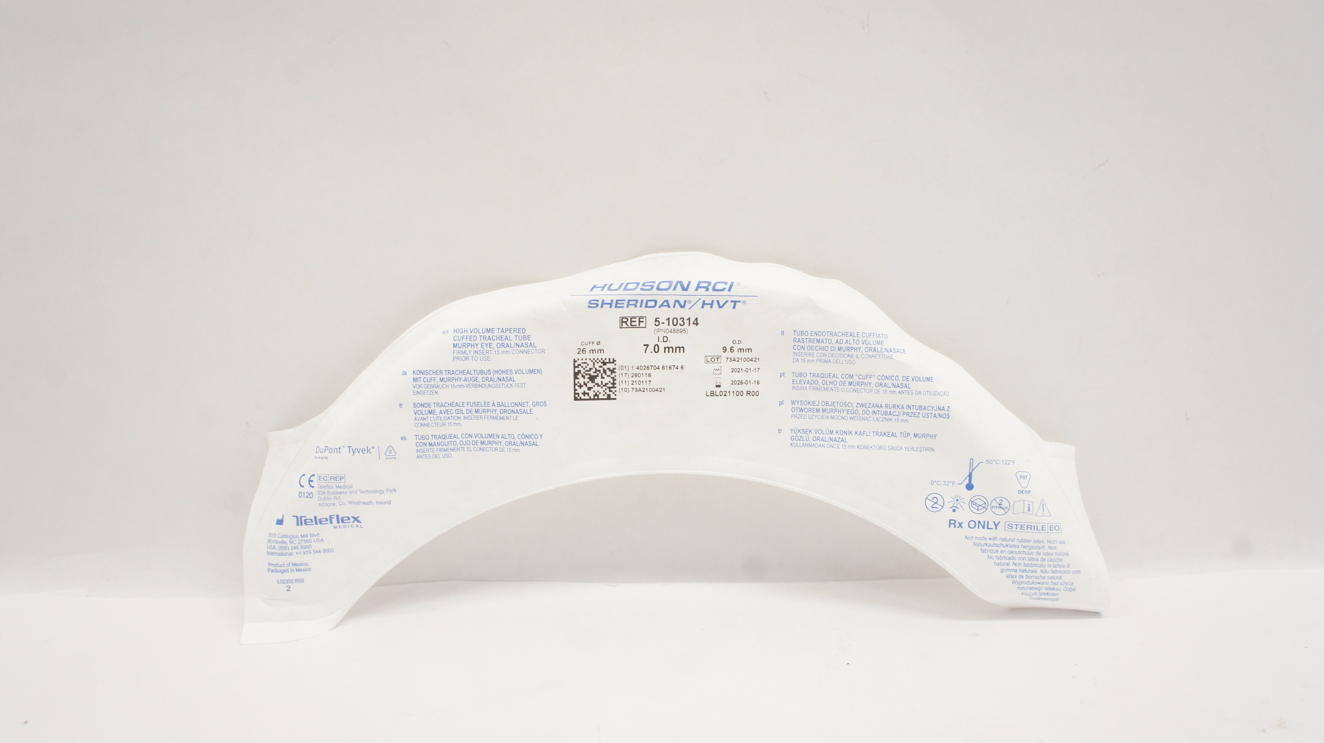 Teleflex 5-10314 Hudson RCI Sheridan HVT Cuffed Tracheal Tube 7.0 x 9.6 x 26mm
