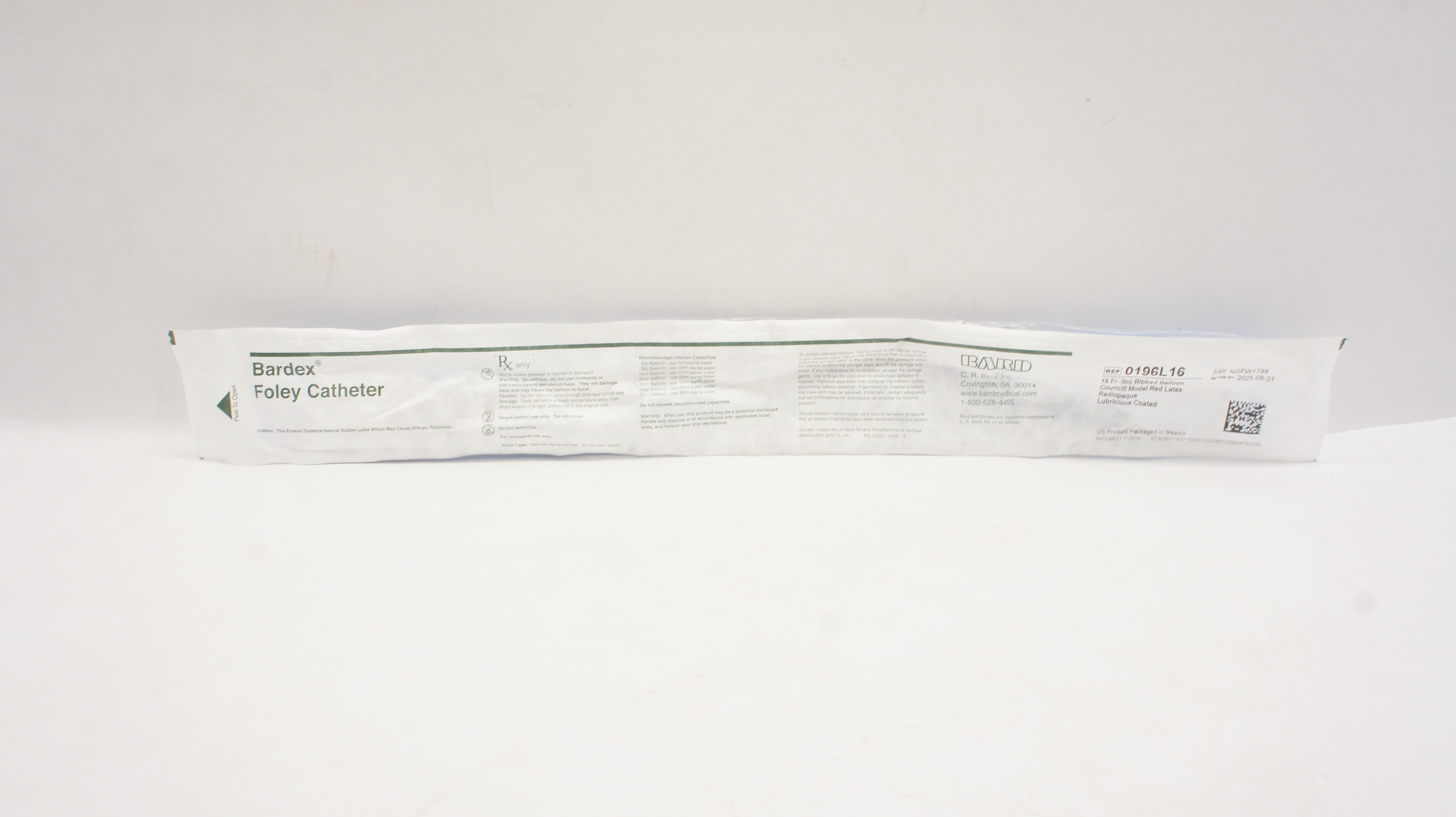 Bard 0196L16 Bardex Lubricious Coated Foley Cath. 16Fr 5cc Ribbed Balloon