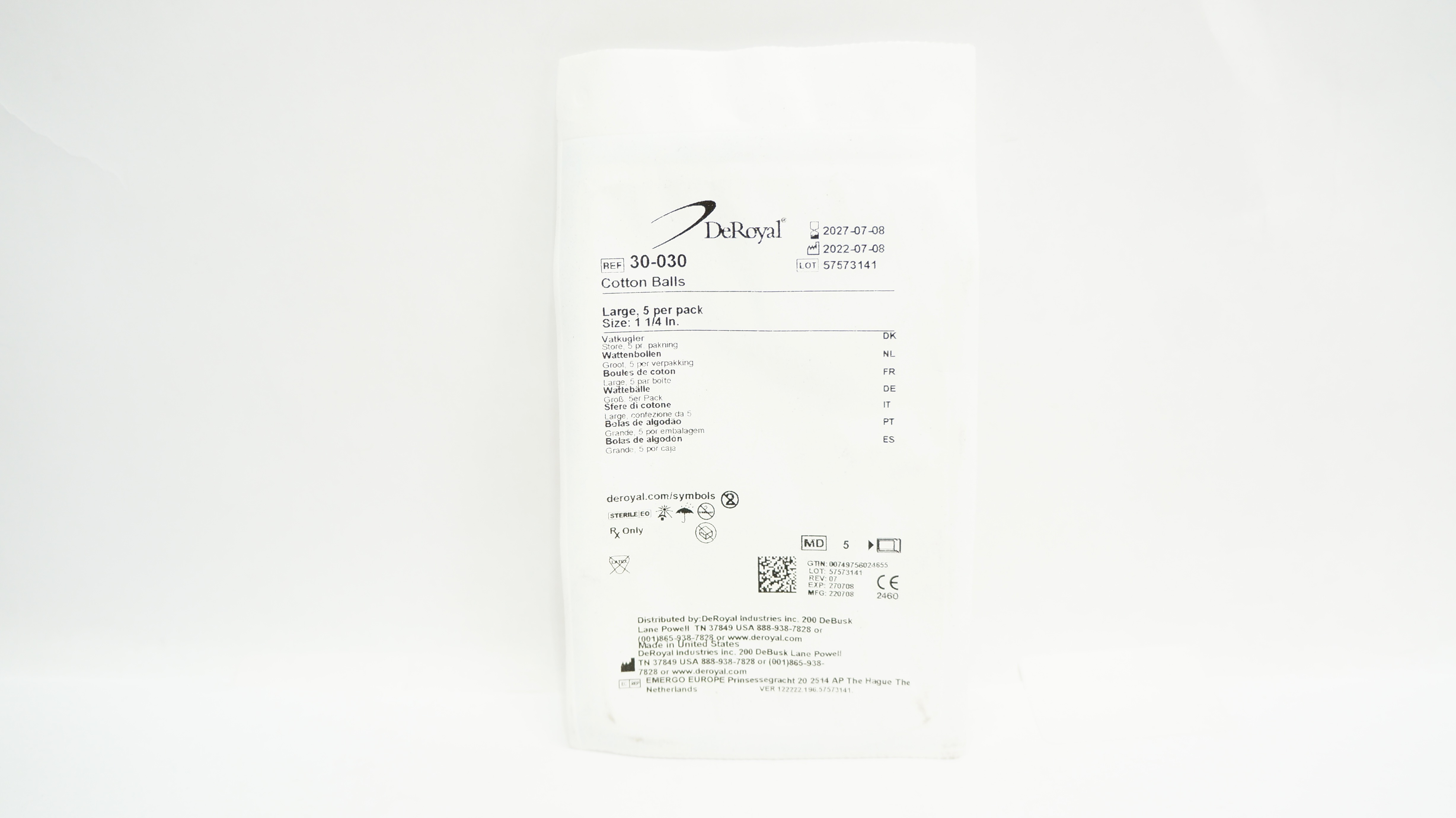 DeRoyal 30-030 Cotton Balls, Large, 1-1/4inch - Pack of 5