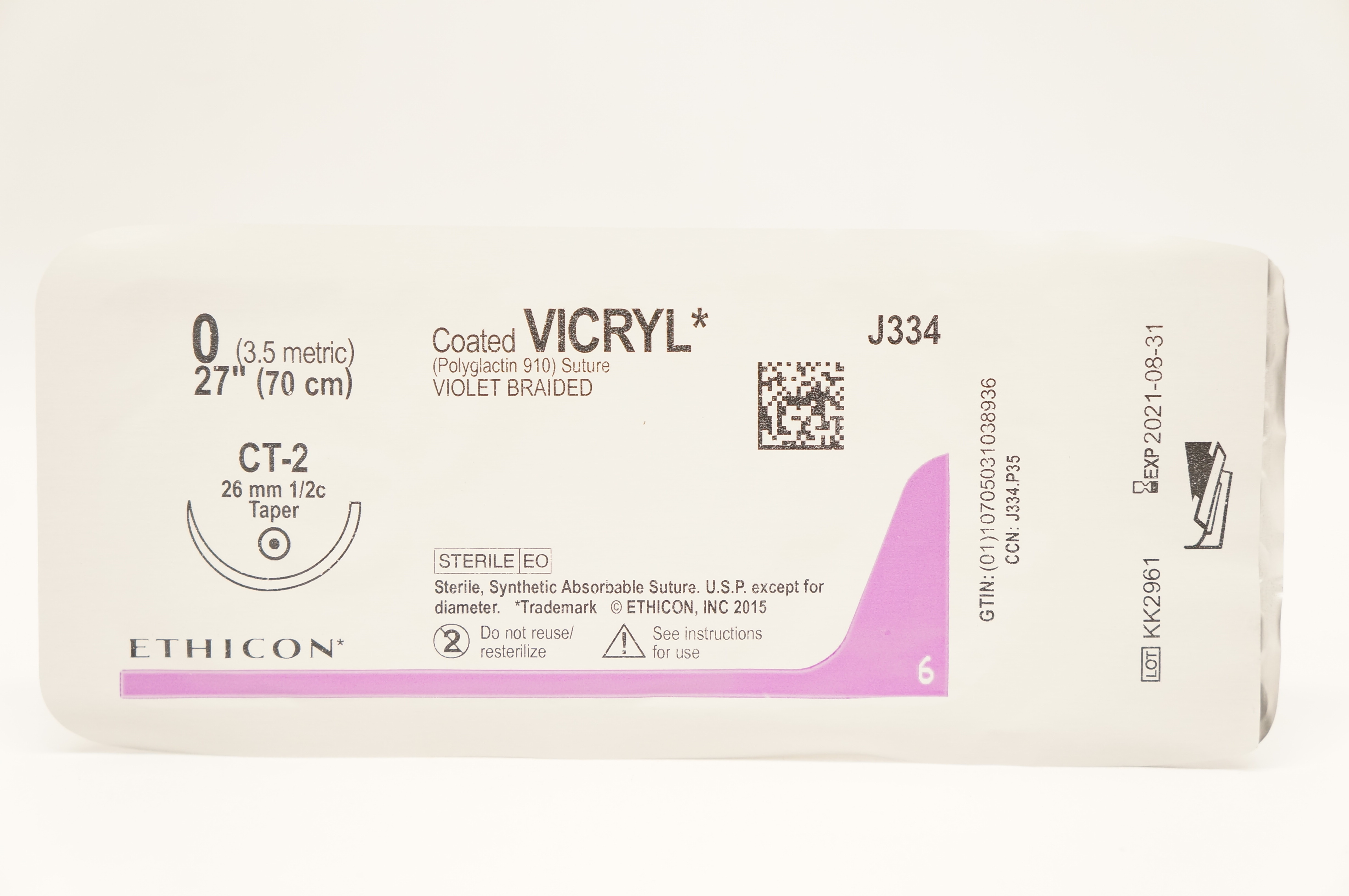 Ethicon J334 0 VICRYL Stre, CT-2, 26mm 1/2c Taper, 27 inch (x)