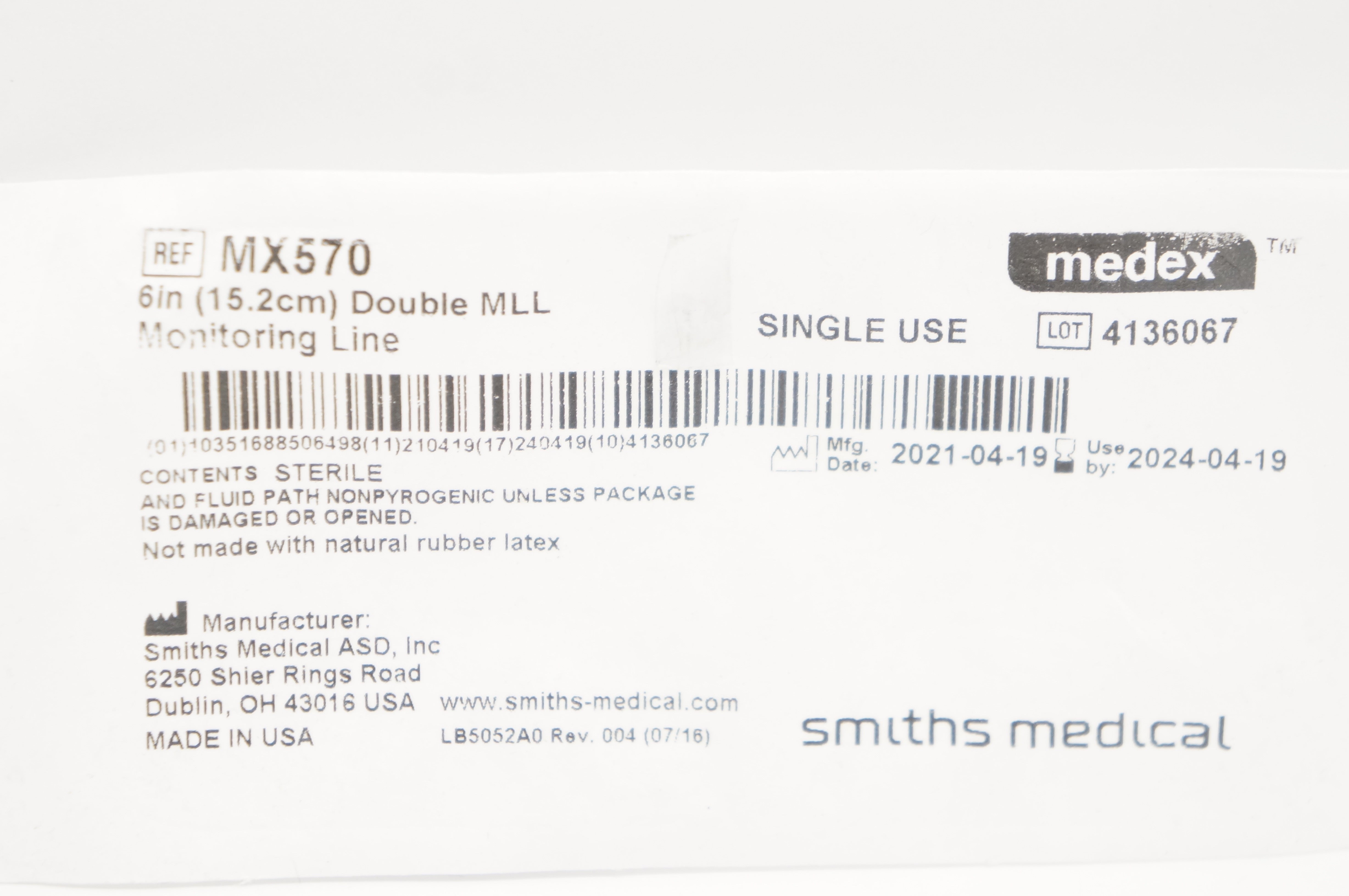 Smiths Medical MX570 Medex 6inch Double MLL Monitoring Line