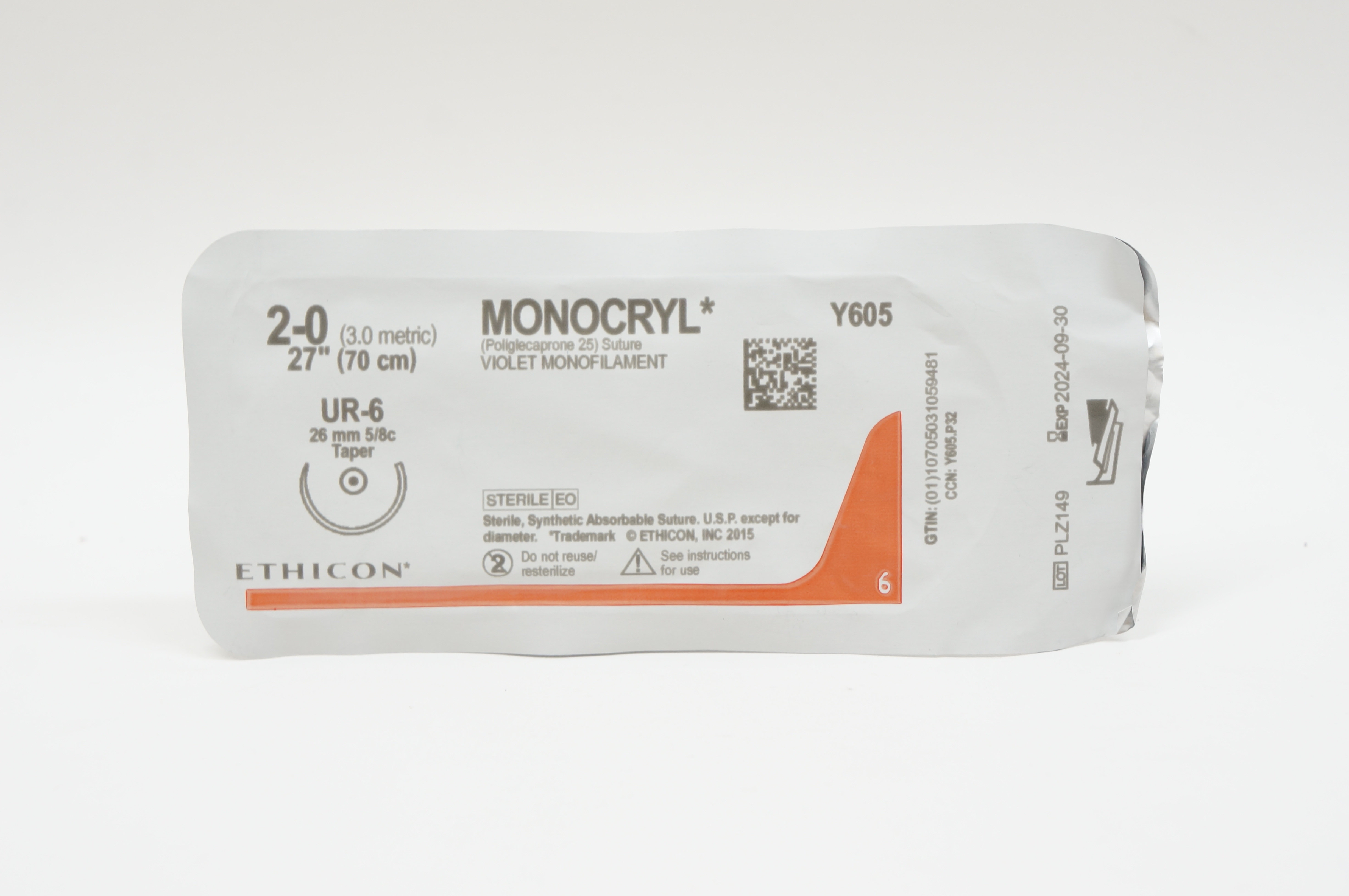 Ethicon Y605 2-0 MONOCRYL, UR-6, 26mm 5/8c Taper, 27inch