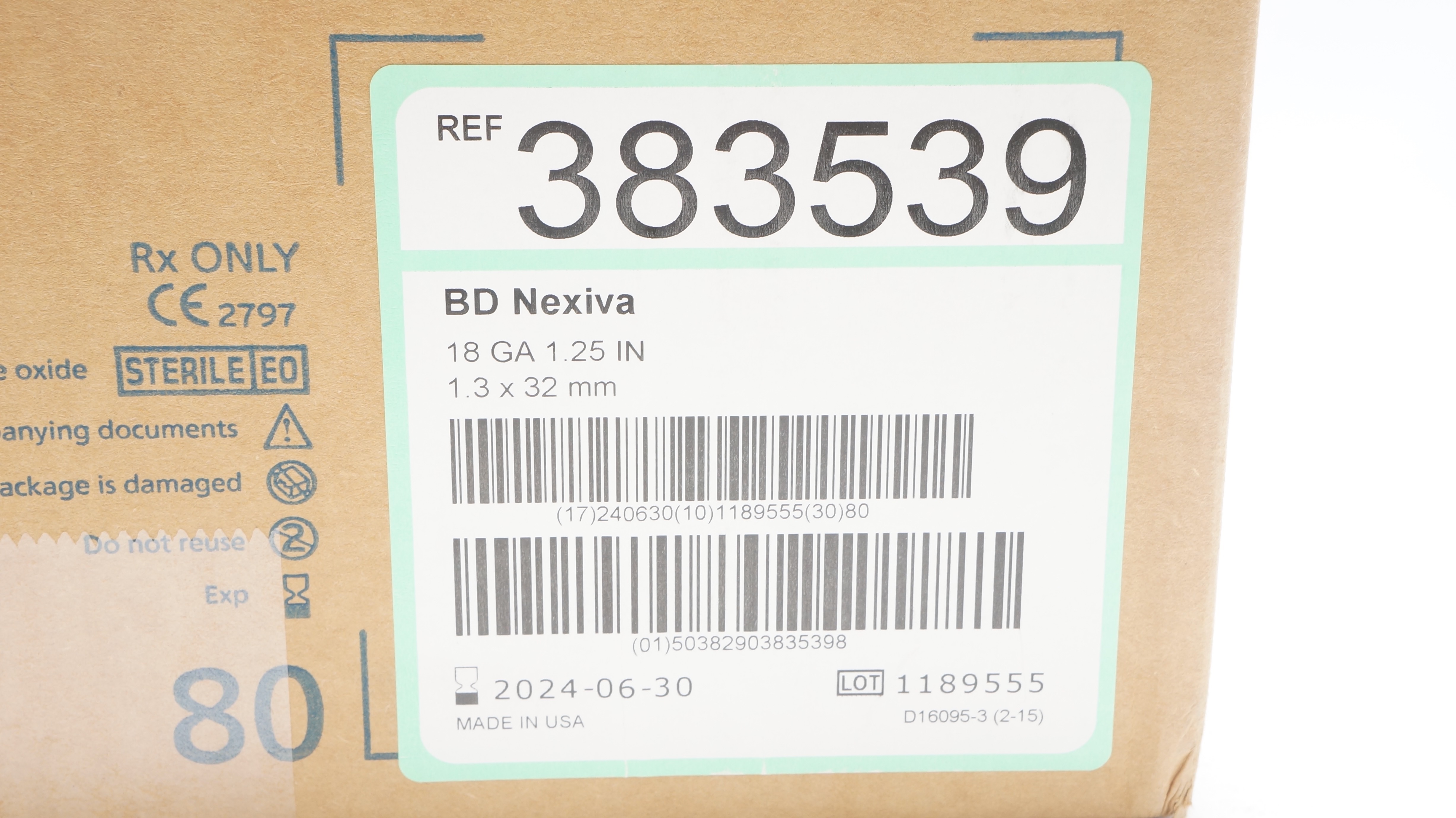 BD 383539 Nexiva Closed IV Cath. System Dual Port 18Ga x 1.25inch(x) - Box of 80