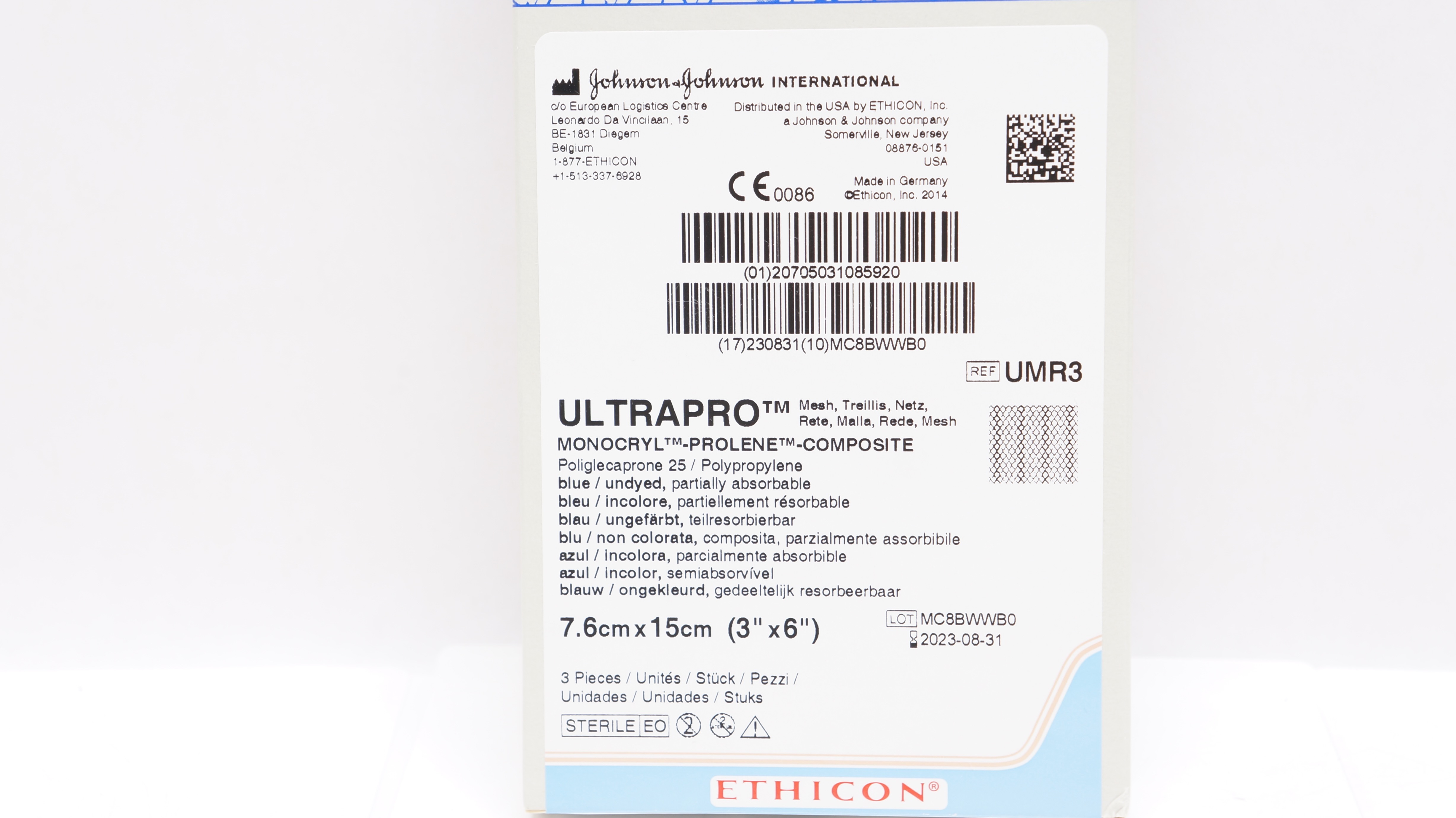 Ethicon UMR3 Ultrapro Mesh MONOCRYL PROLENE COMPOSITE 3 x 6inch (x) - Box of 3