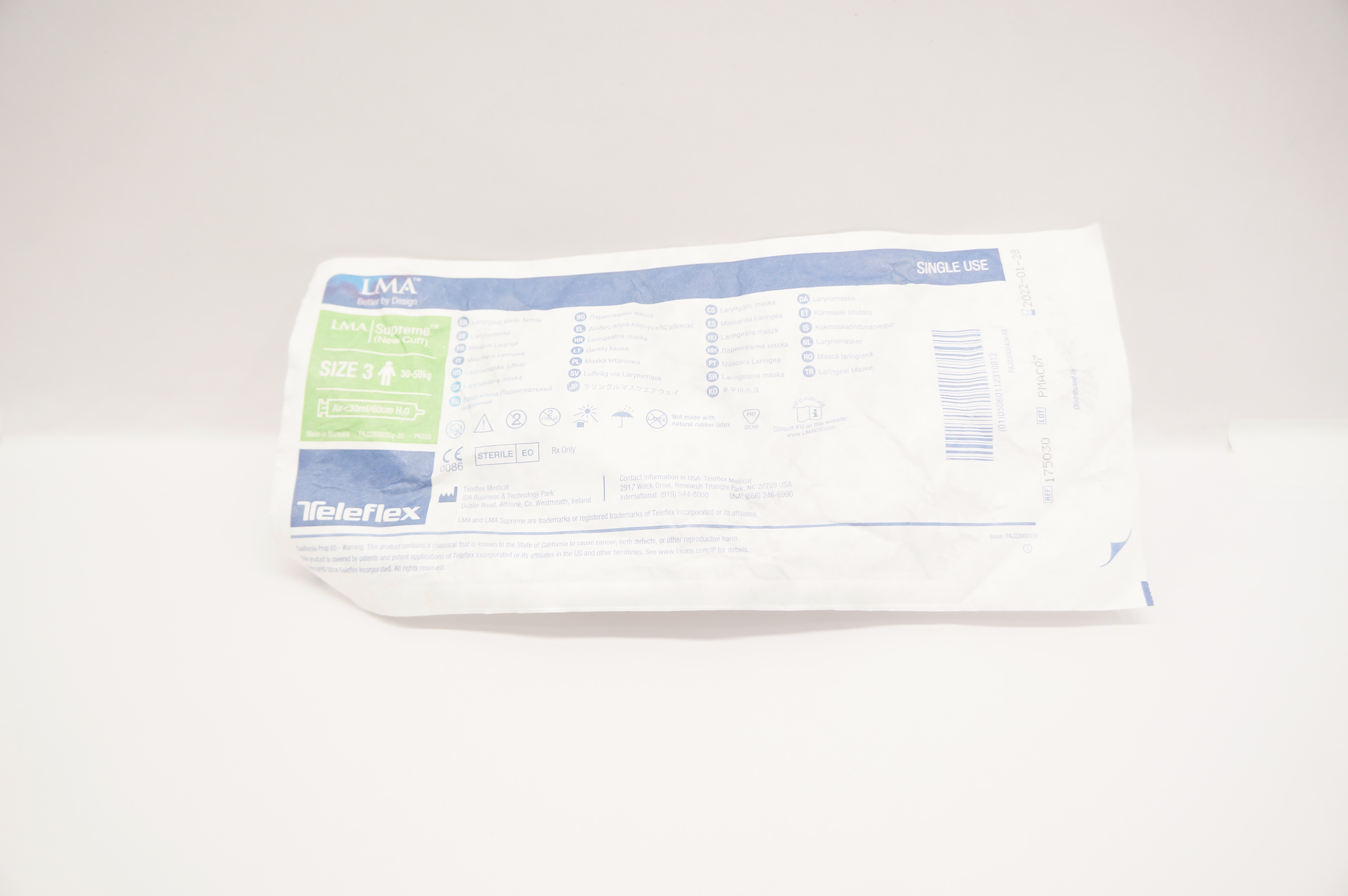 Teleflex 175030 LMA Supreme Laryngeal Mask Airway, Size 3 30-50kg, <30ml/60cm(x)