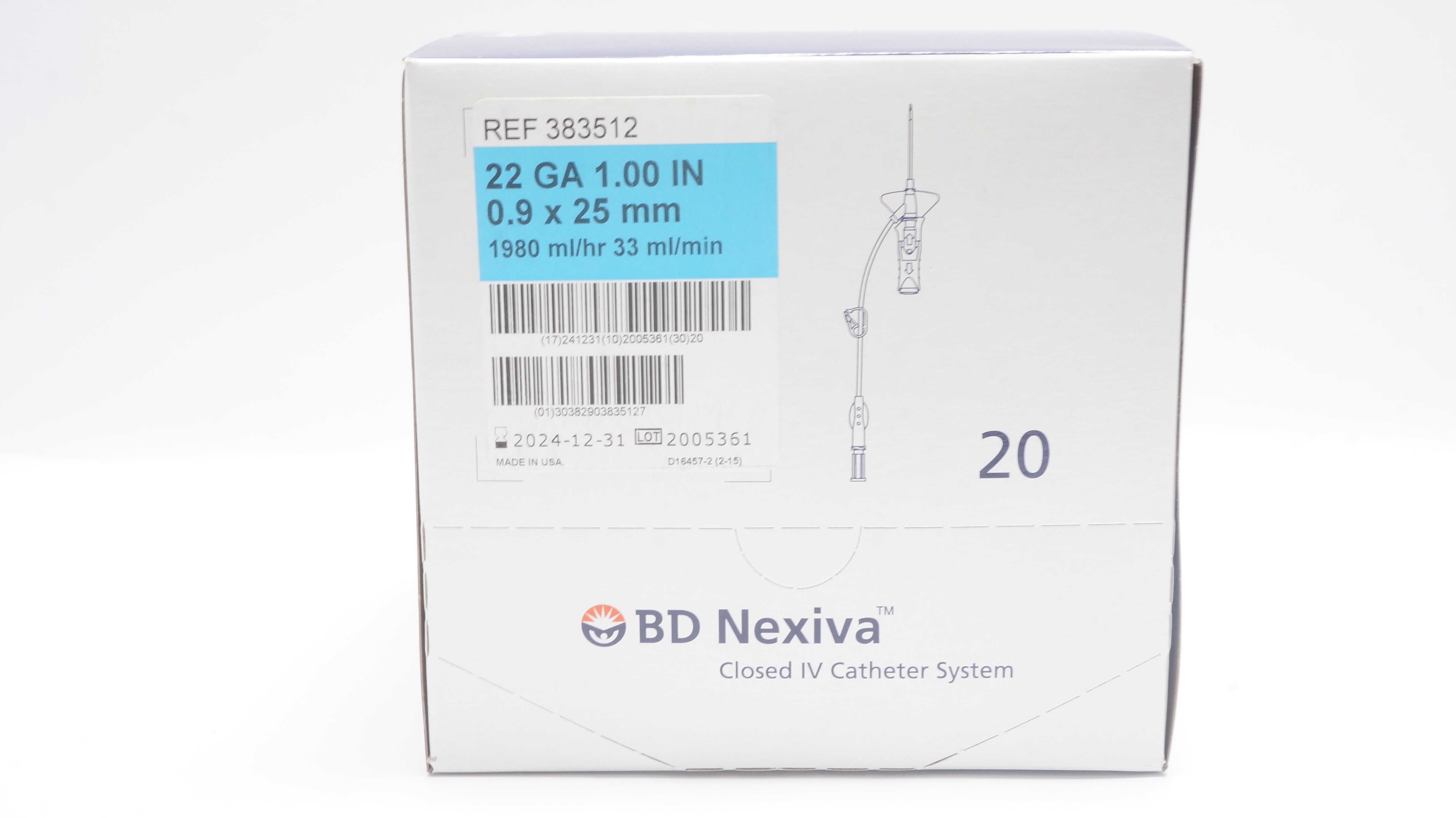 BD 383512 Nexiva Clodsed IV Cath. System 22GA x 1.00inch 33mL/min - Box of 20