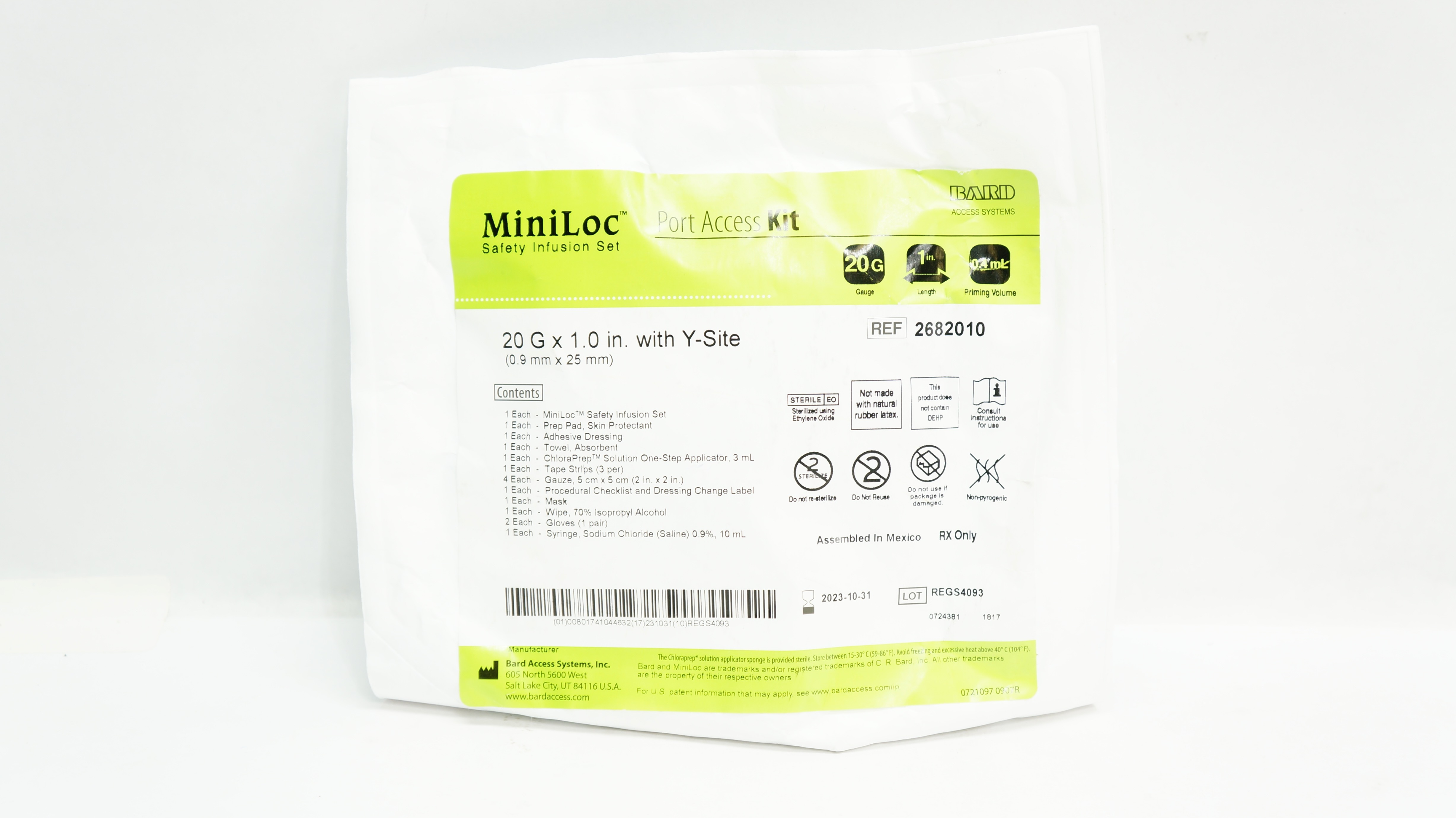 Bard 2682010 MiniLoc Port Access Kit 20G x 1inch Prim.Vol. 0.4mL with Y-Site