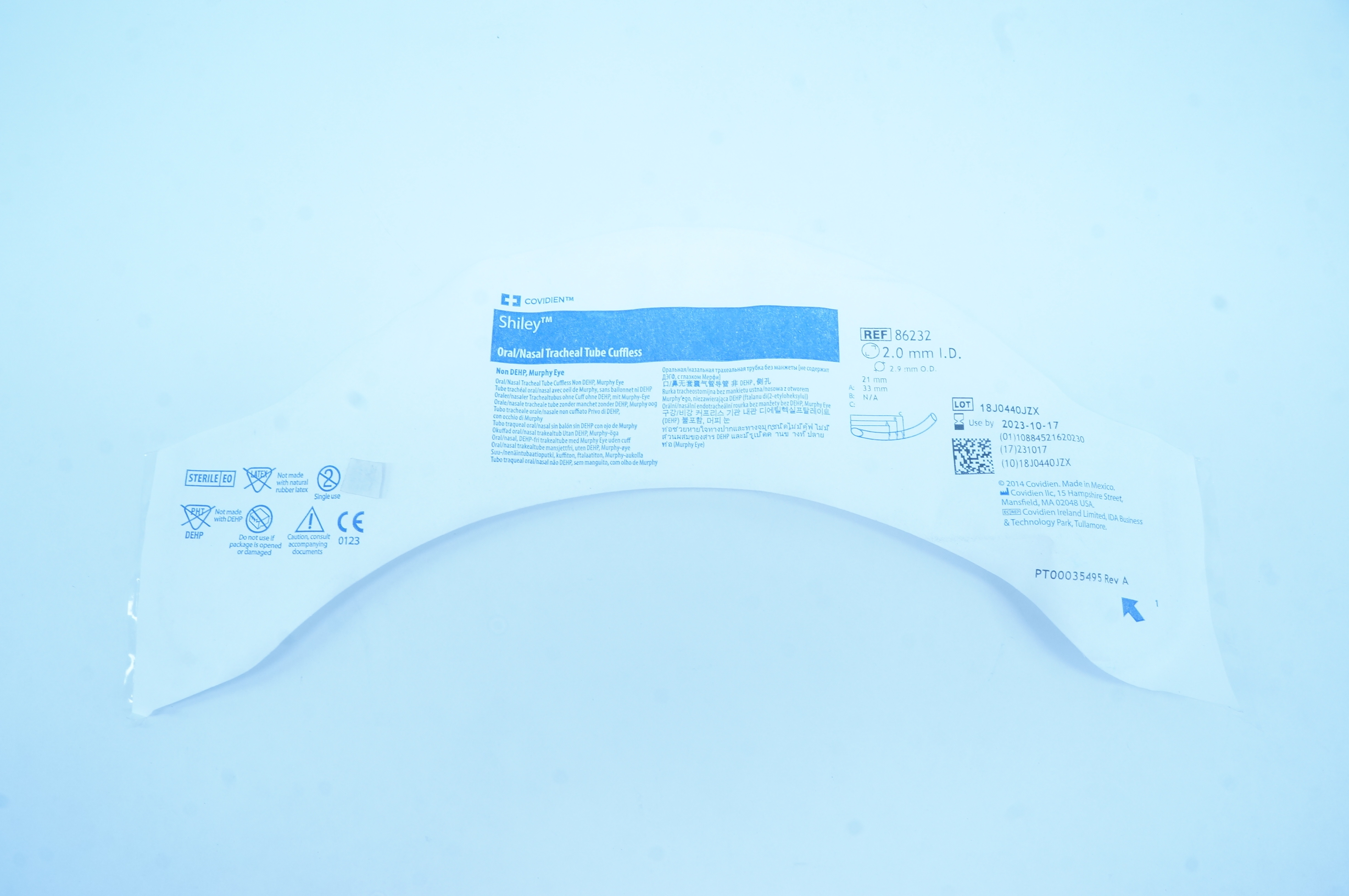 Covidien 86232 Shiley Oral/Nasal Endotracheal Tubes Cuffless 2.0 x 2.9mm