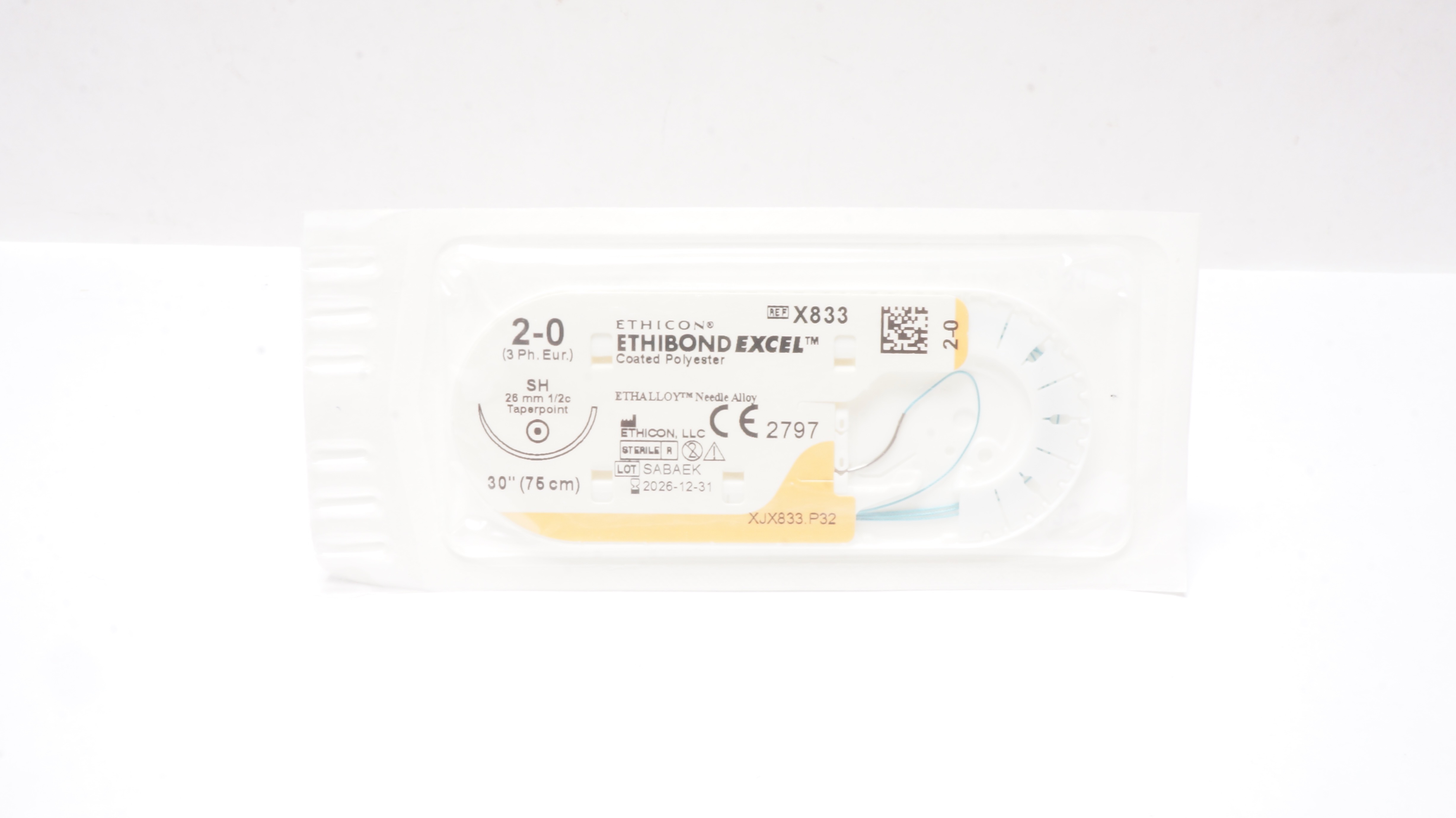 Ethicon X833 2-0 ETHIBOND EXCEL, SH, 26mm 1/2c Taperpoint, 30inch