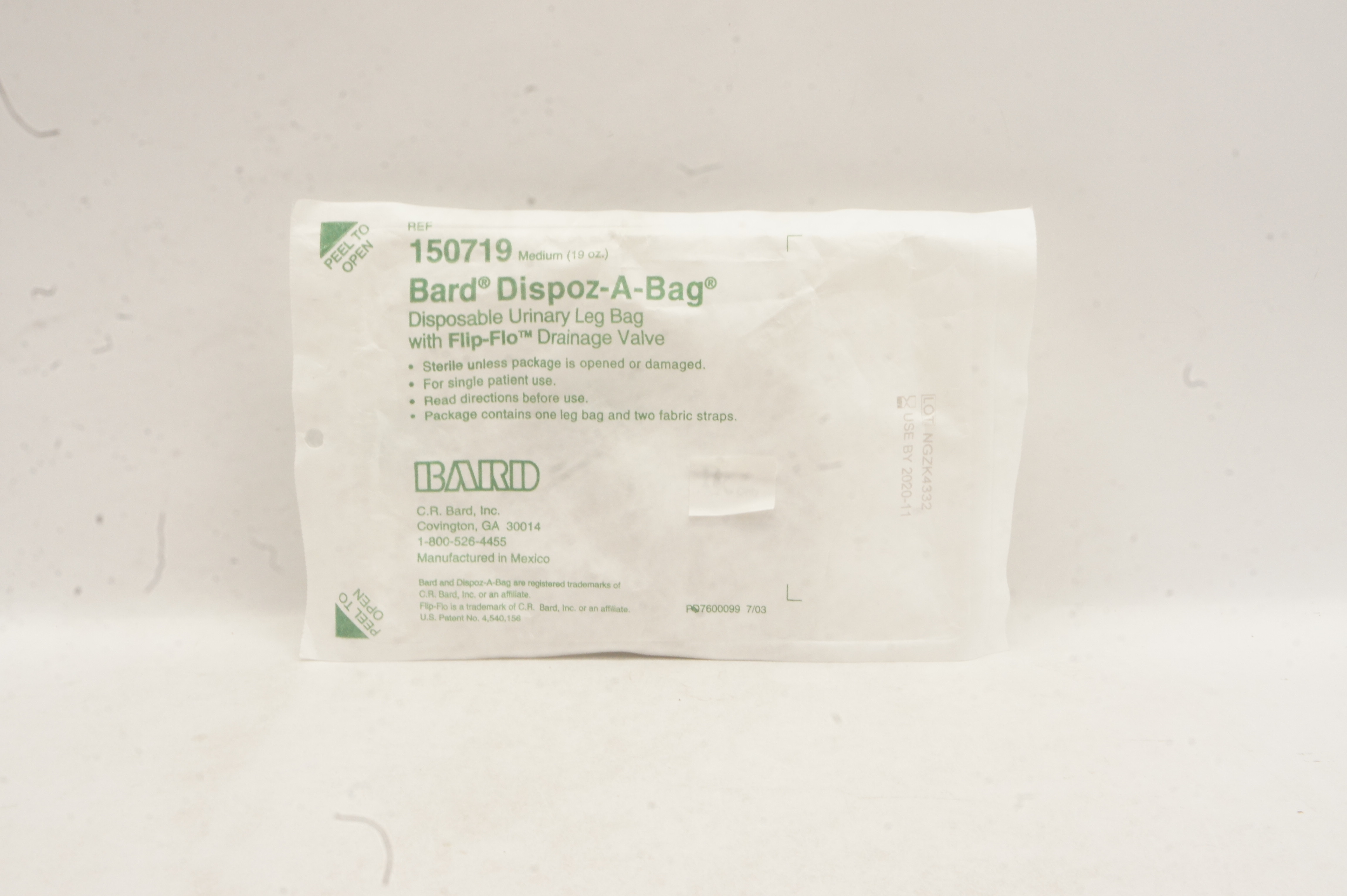 Bard 150719 Dispoz-A-Bag Disposable Urinary Leg Bag Medium 19oz (x)