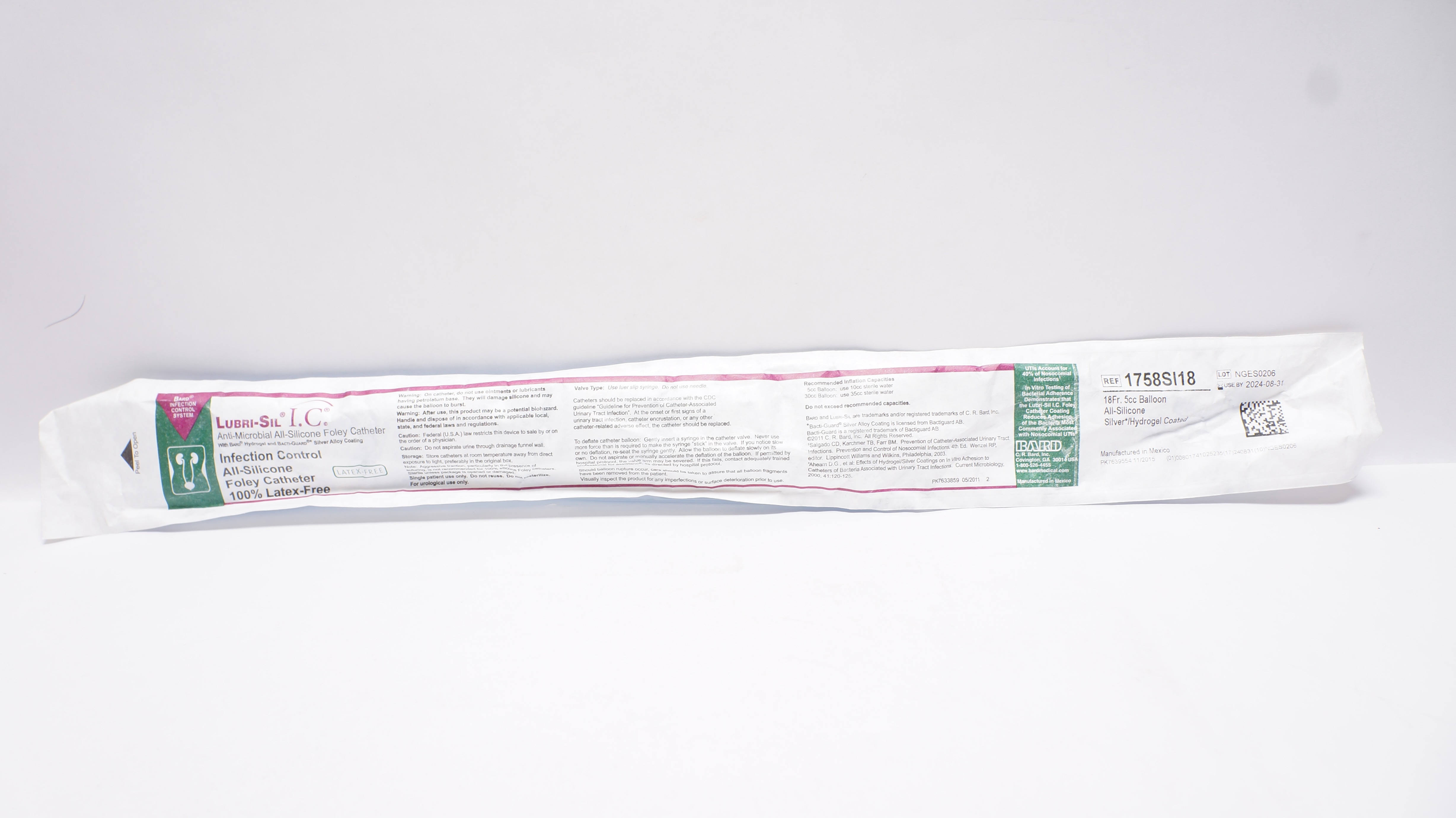 Bard 1758SI18 Lubri-Sil Infection Control Foley Cath. 18Fr. 5cc Balloon
