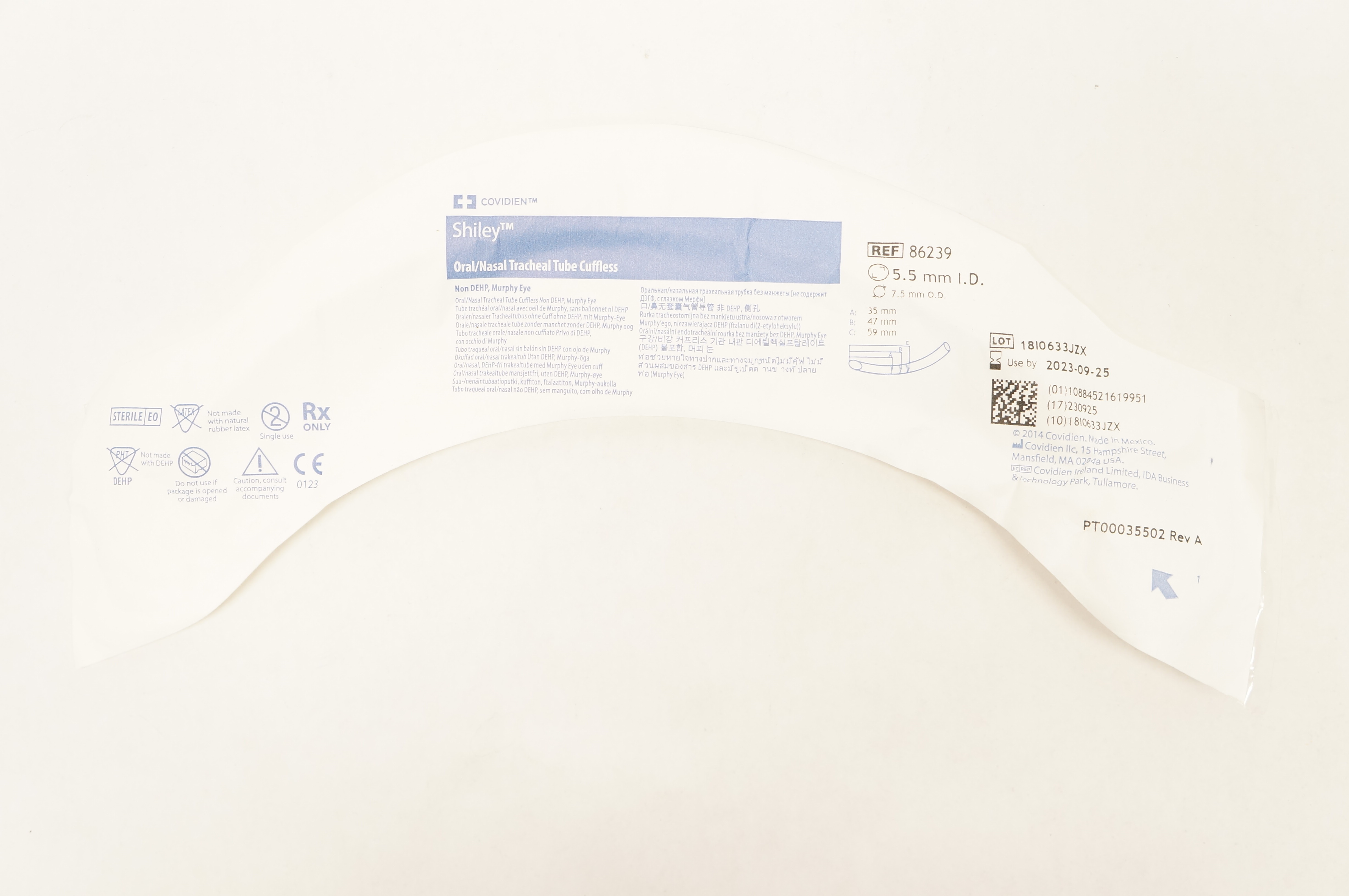 Covidien 86239 Shiley Oral/Nasal Tracheal Tube Cuffless 5.5mm ID (x)