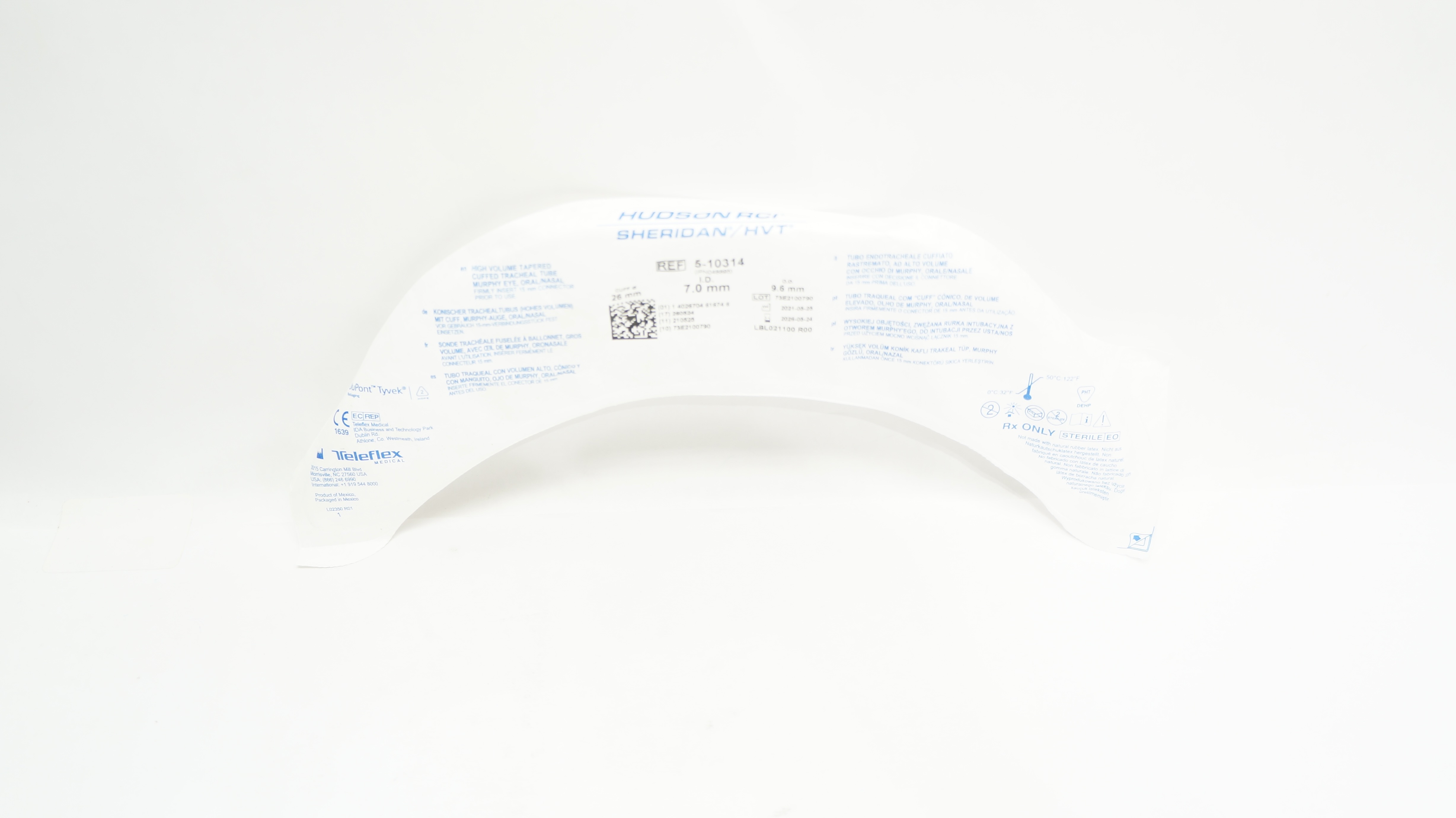 Teleflex 5-10314 Hudson RCI Sheridan HVT Cuffed Tracheal Tube 7.0 x 9.6 x 26mm