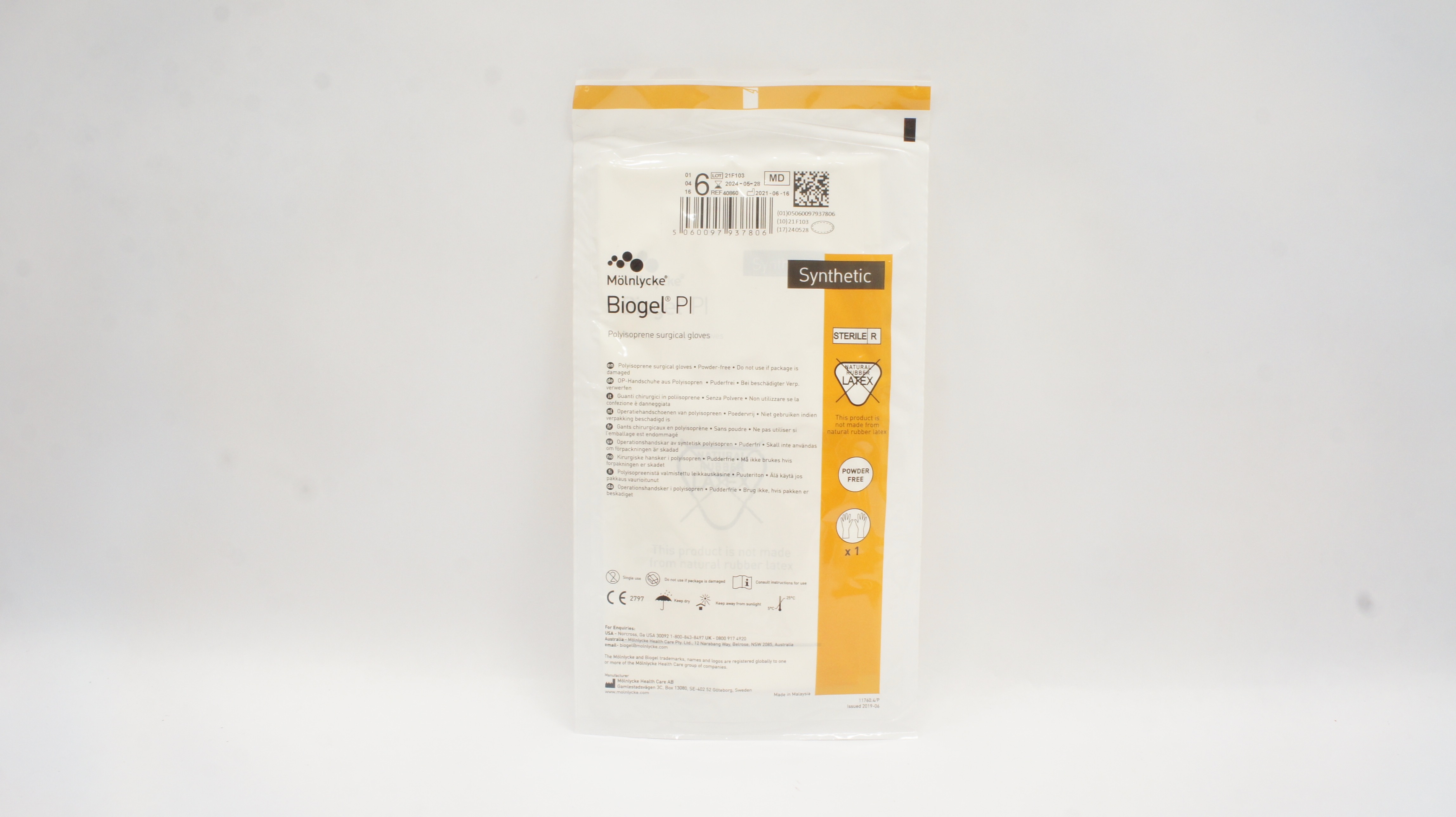 Molnlycke Health Care 40860 Biogel PI Synthetic Polyisoprene Gloves Size 6
