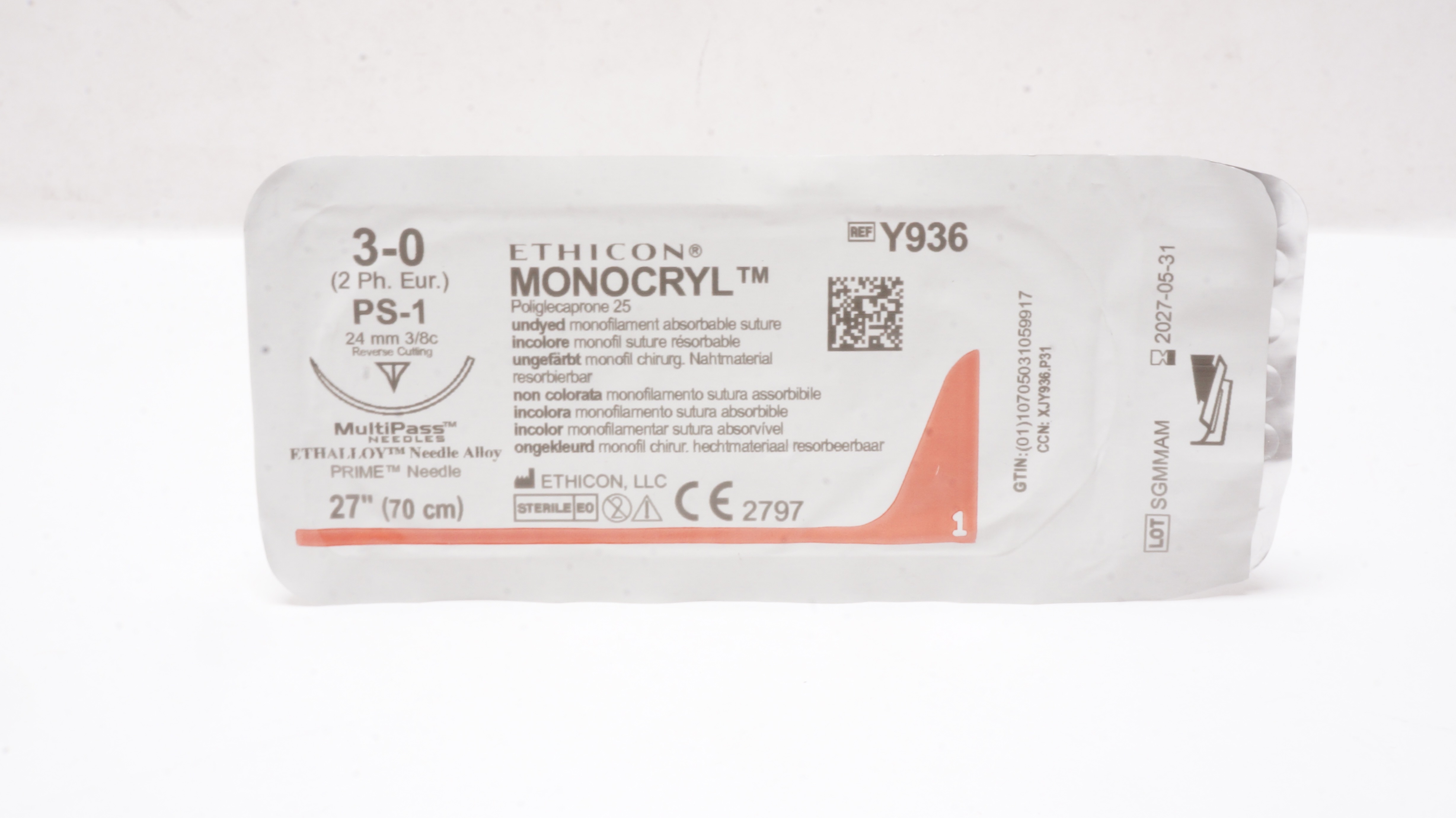 Ethicon Y936 3-0 MONOCRYL PS-1 24mm 3/8c Reverse Cutting 27inch