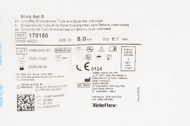 Teleflex 170150 Slick Set Uncuffed Endotracheal Tube & Stylet Set 5.0mm ...