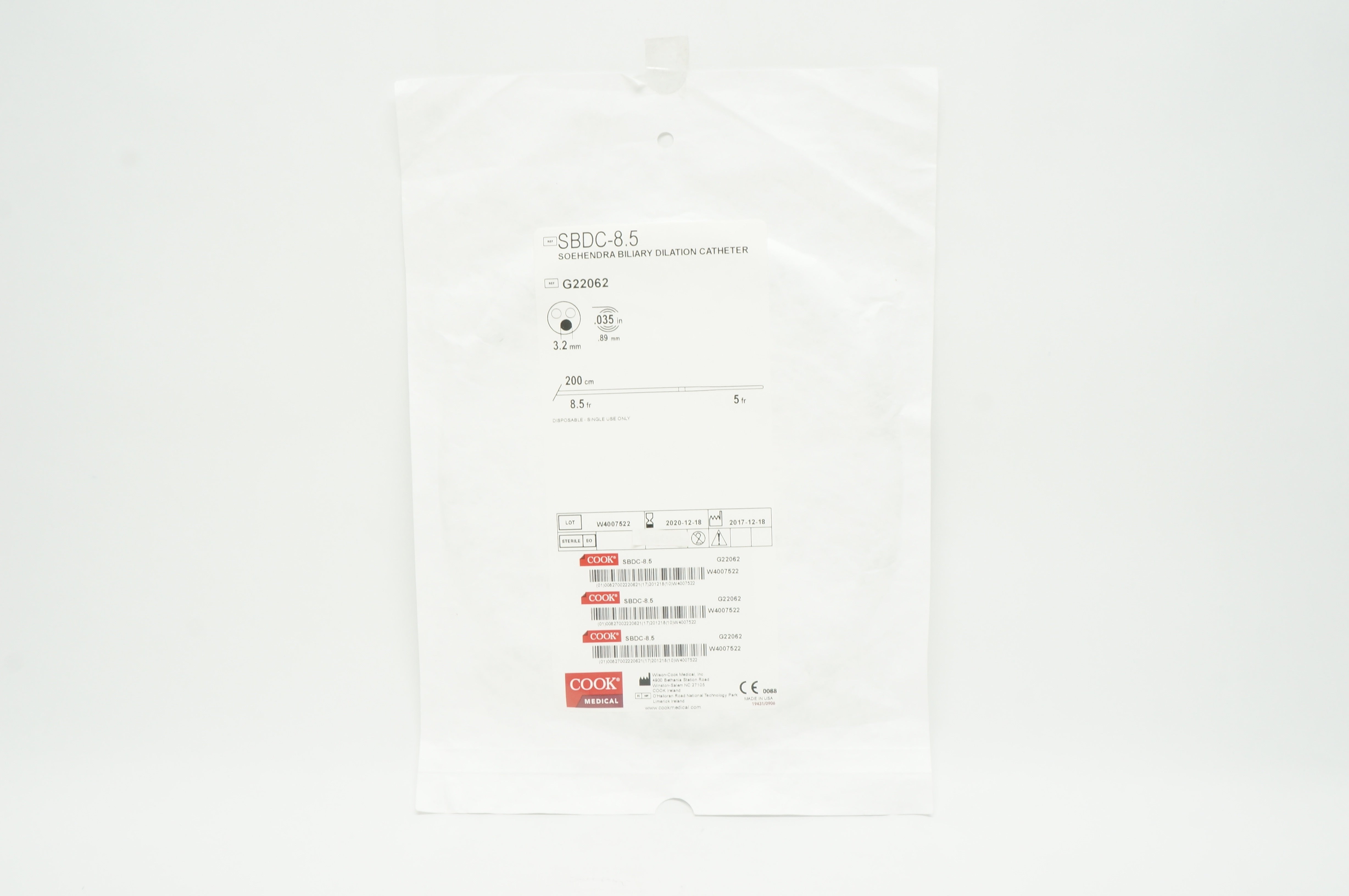 Cook Medical G22062 SOEHENDRA Biliary Dilatation Cath. 8.5 Fr. x 200cm (x)