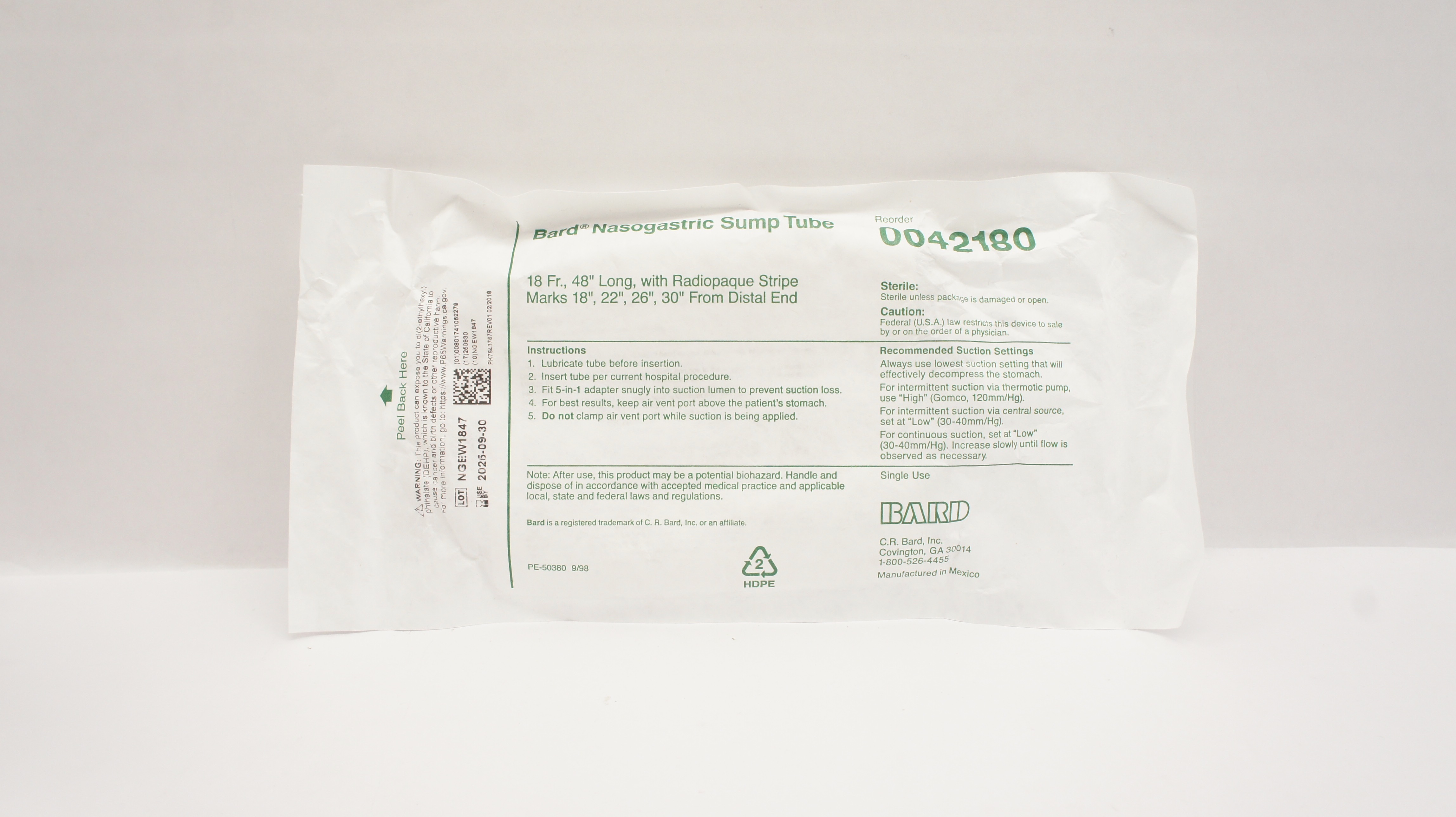 Bard 0042180 Nasogastric Sump Tube w/ Radiopaque Stripe Marks 18Fr x 48inch