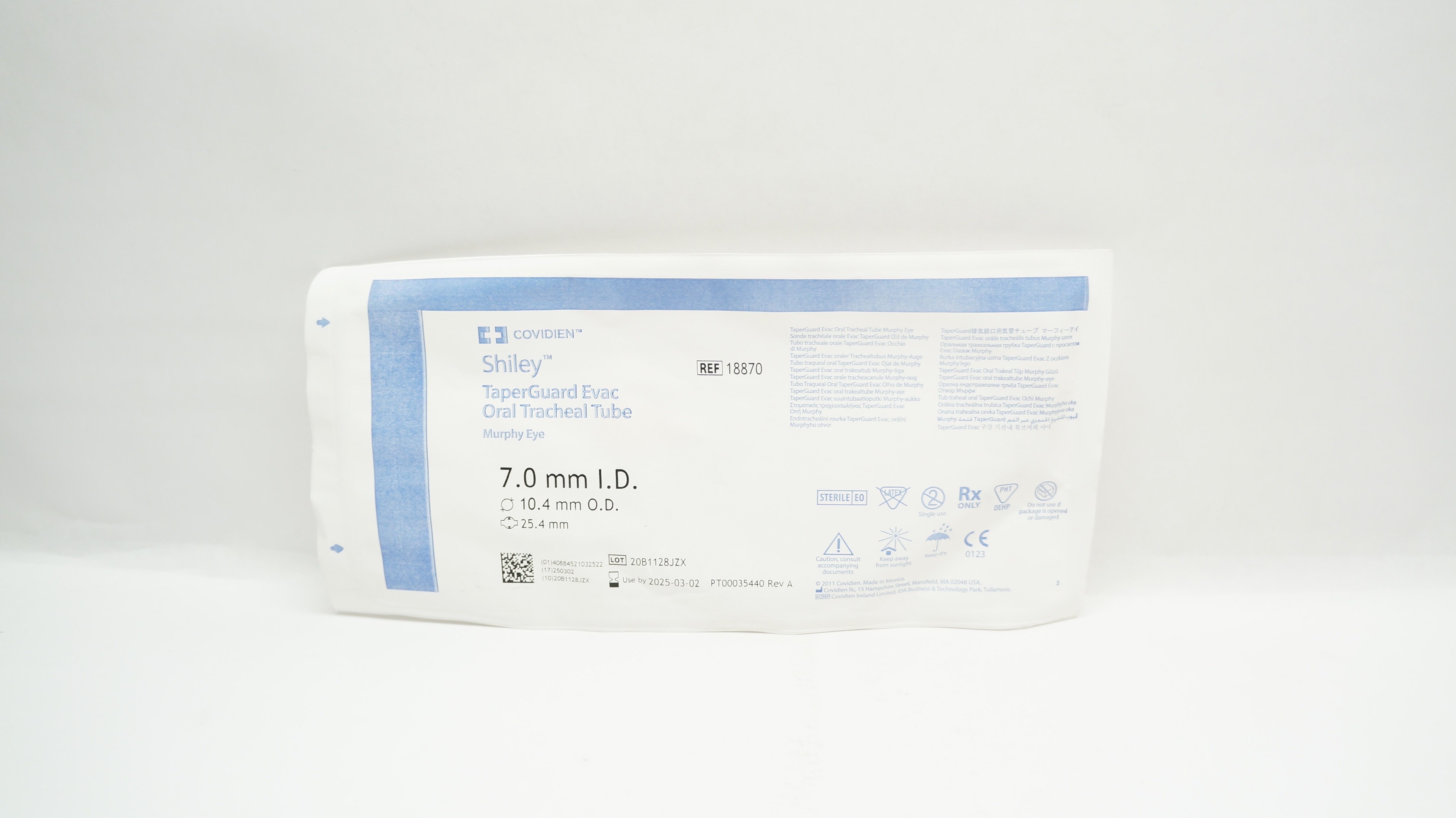 Covidien 18870 Shiley TaperGuard Evac Oral Tracheal Tube 7.0 x 10.4 x 25.4mm