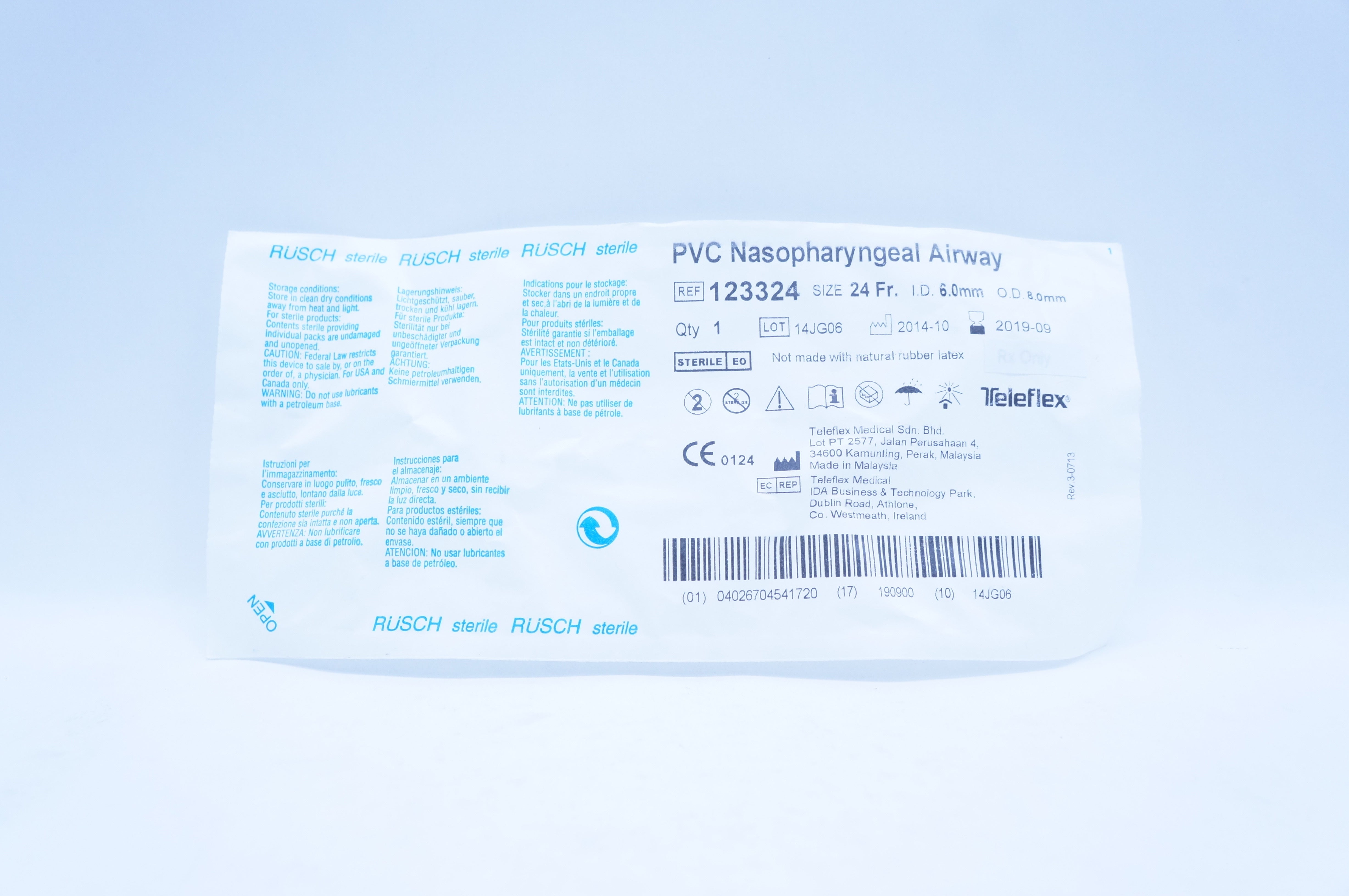 Teleflex 123324 Rusch PVC Nasopharyngeal Airway 24Fr. I.D. 6.0mm O.D. 8.0mm (x)