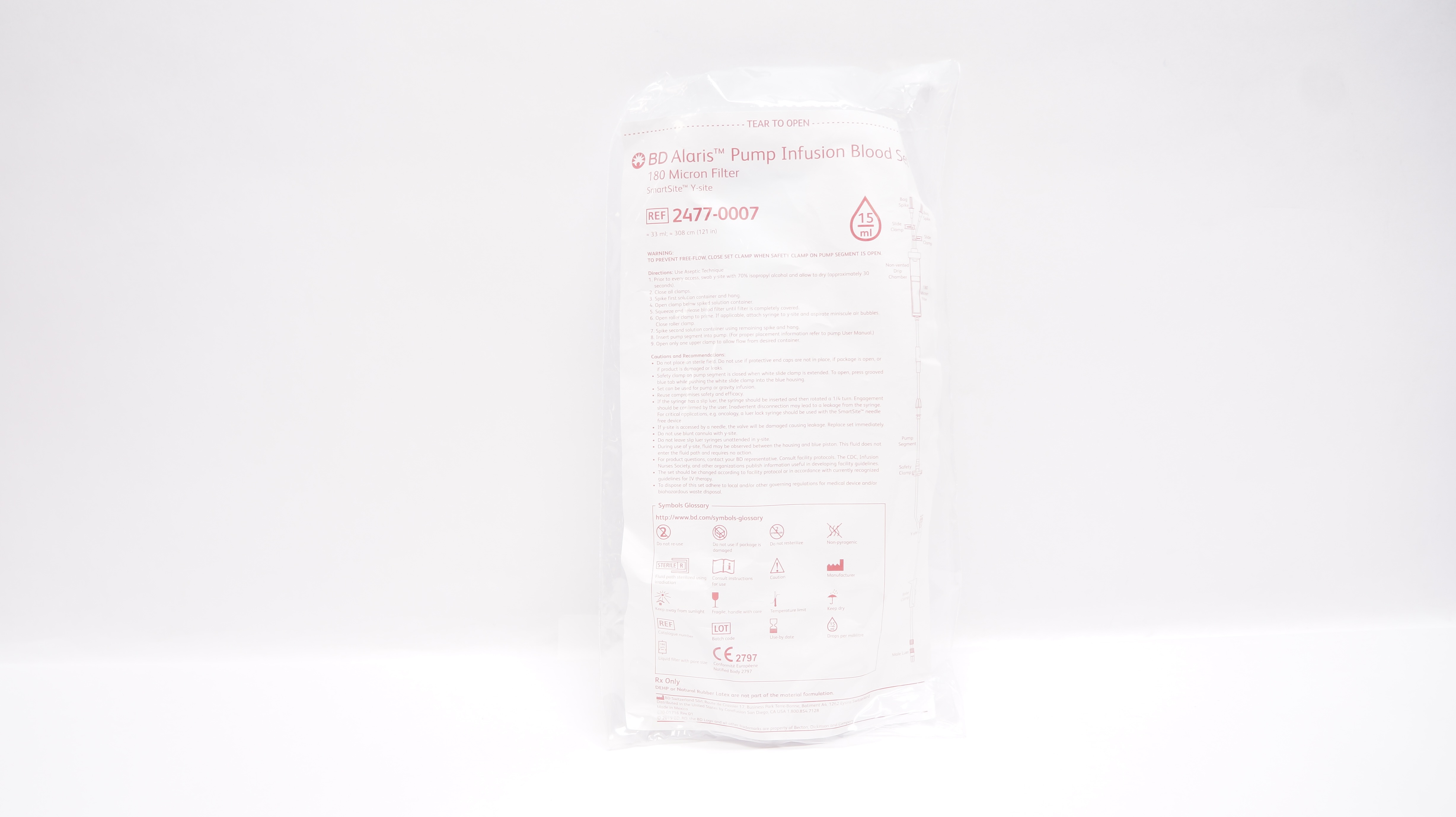 BD 2477-0007 Alaris Pump Infusion Blood Set 180 Micron Filter 15Drops/ml