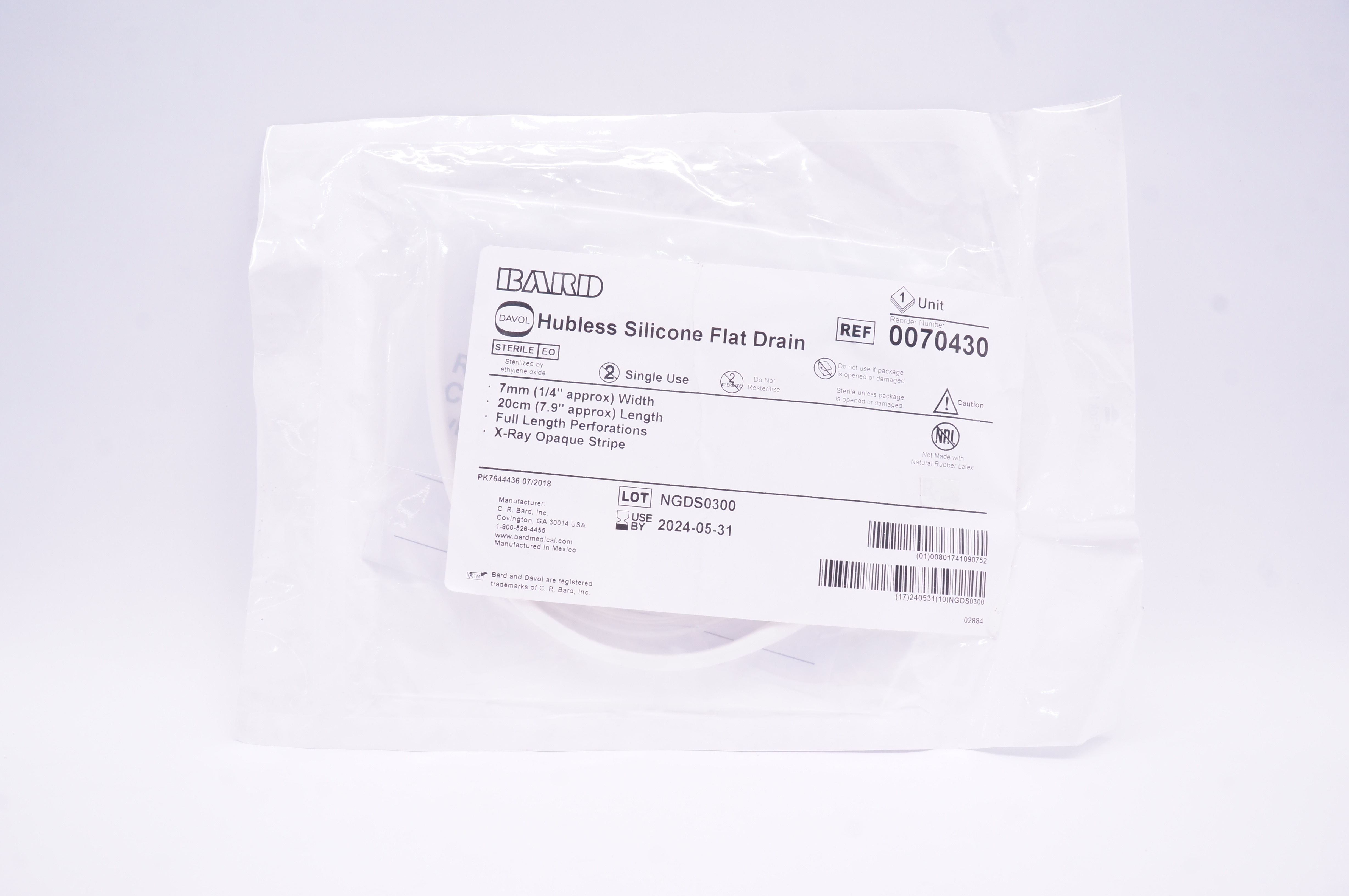 Bard 0070430 Hubless Silicone Flat Drain 1/4 inch x 7.9 inch Approx.