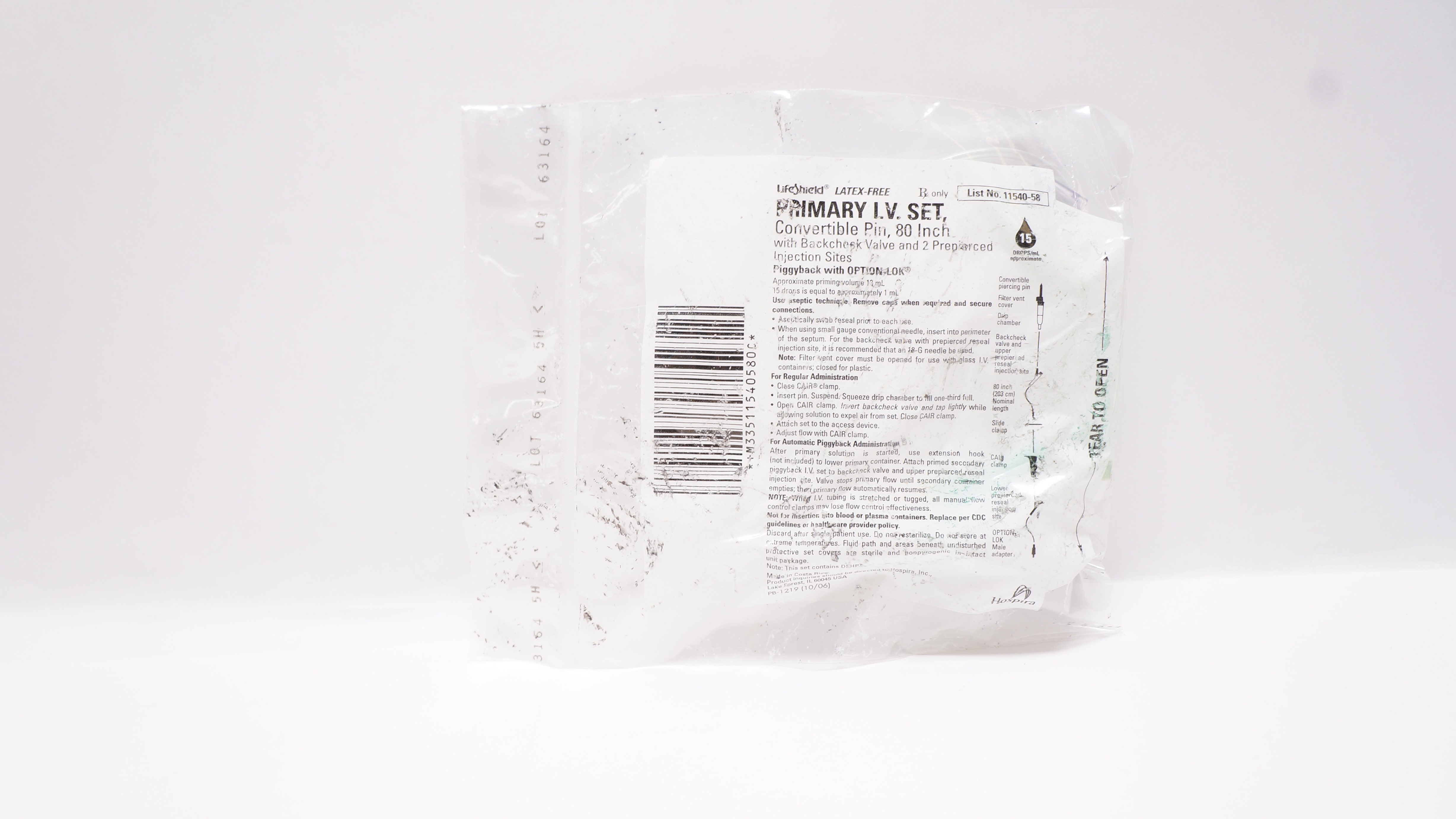 Hospira 1154058 LifeShield Primary I.V. Set 80inch 15Drops/mL