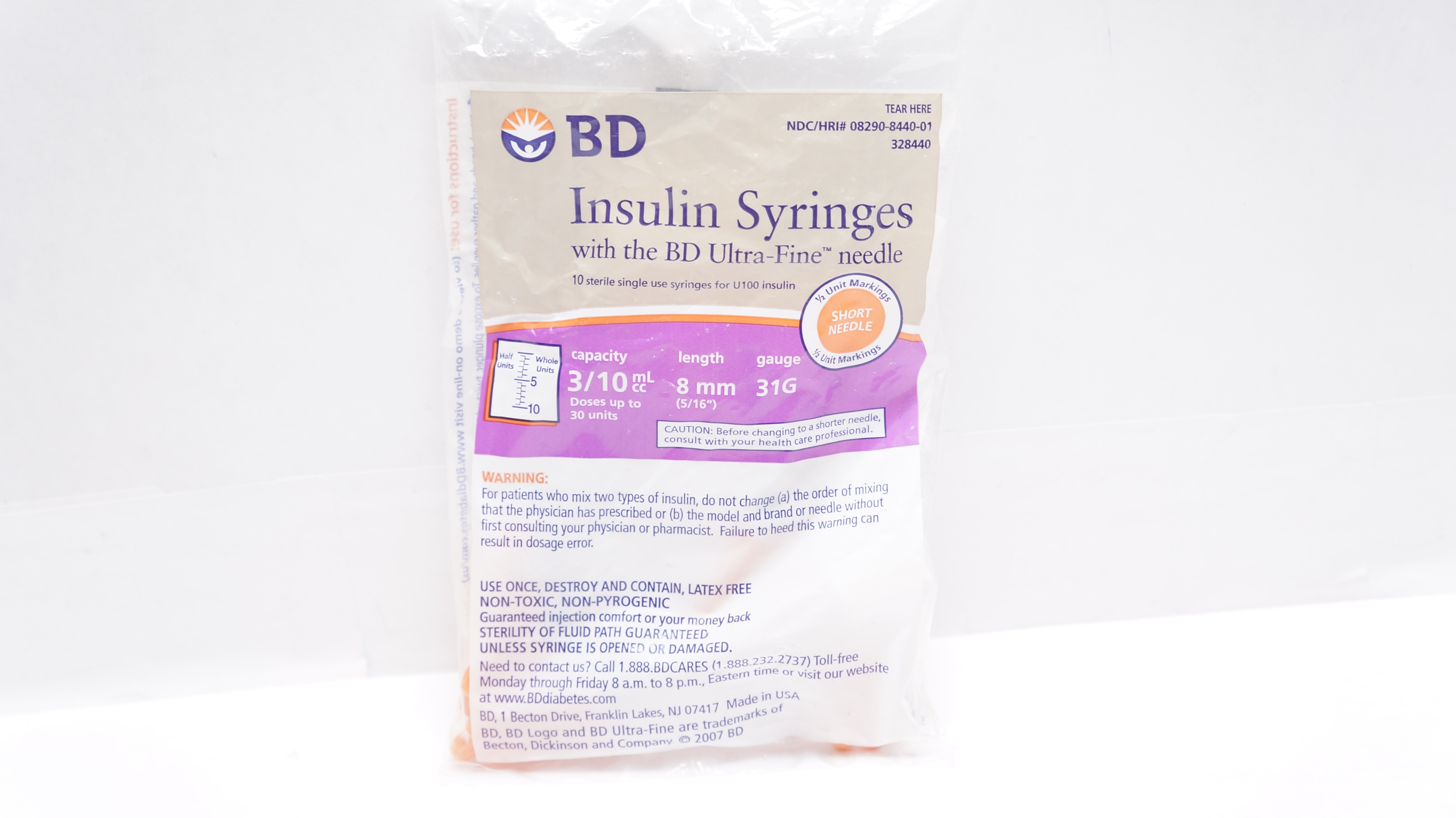 BD 328440 Insulin Syringes W/Ultra Fine Ndle 1/2Unit 5/16inch x 31G - Pack of 10