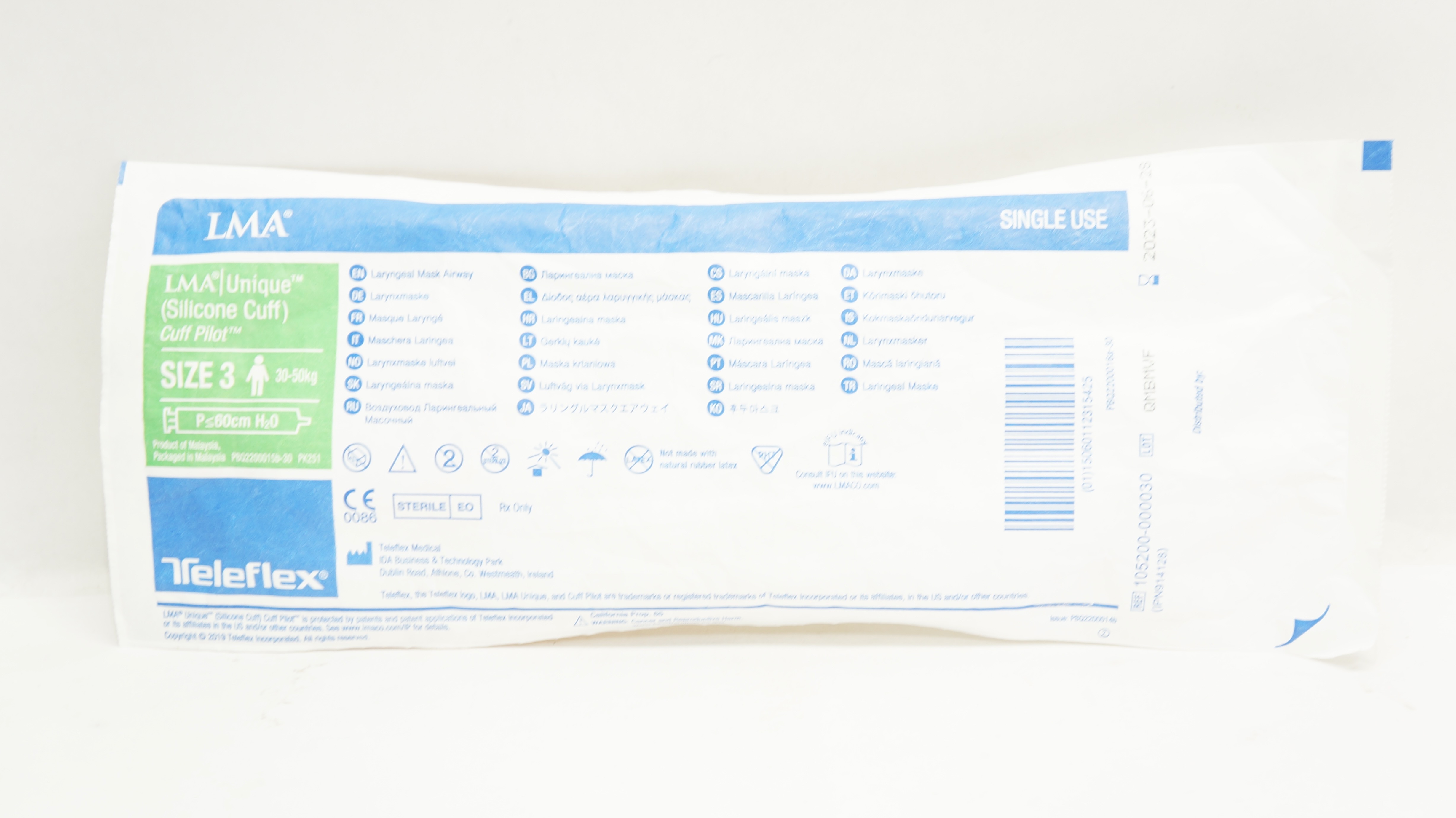 Teleflex 105200-000030 LMA Unique Laryngeal Mask Airway Size 3, 30-50kg (x)