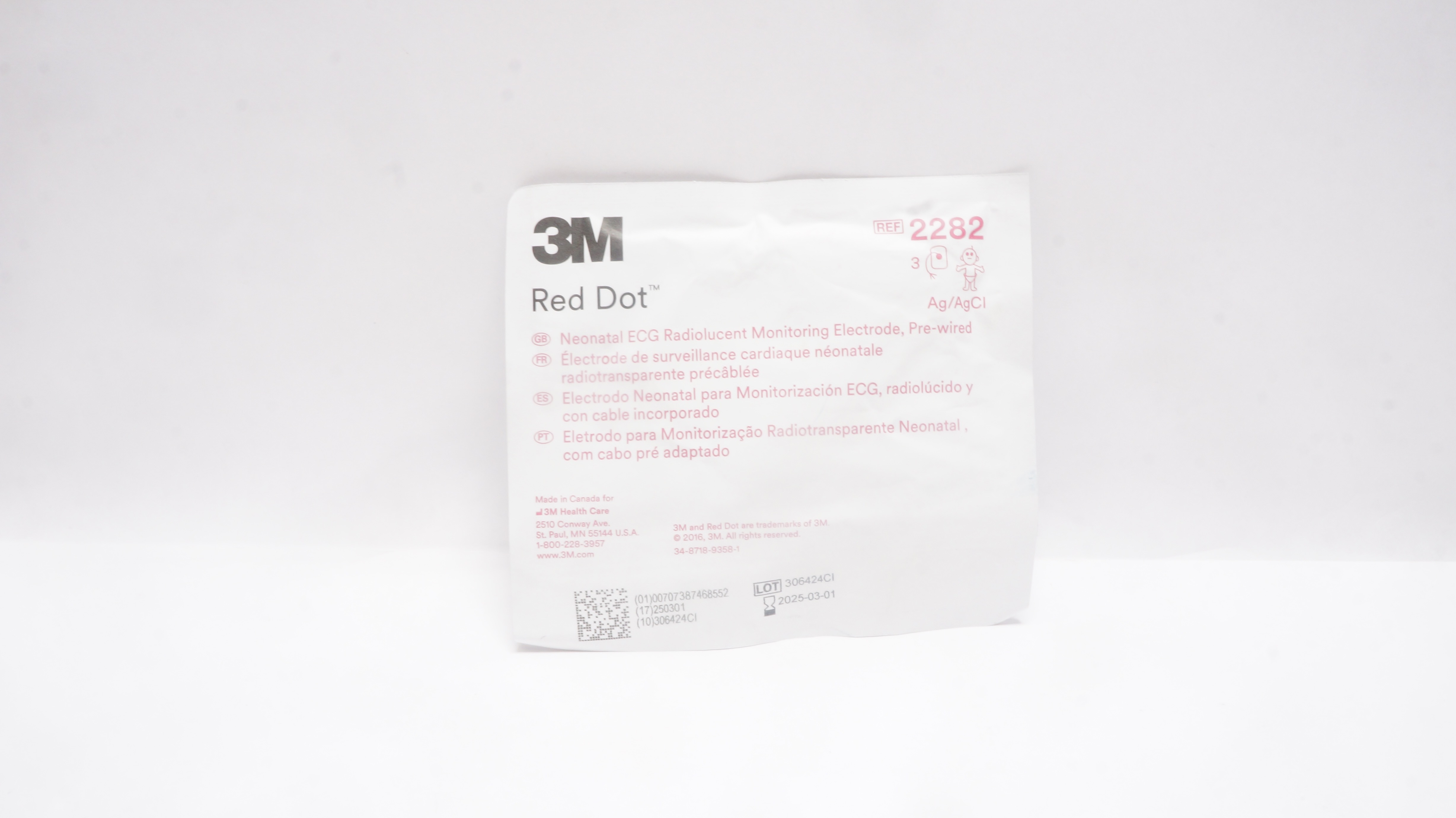 3M 2282 Red Dot Neonatal ECG Radiolucent Monitoring Electrode - Pack of 3