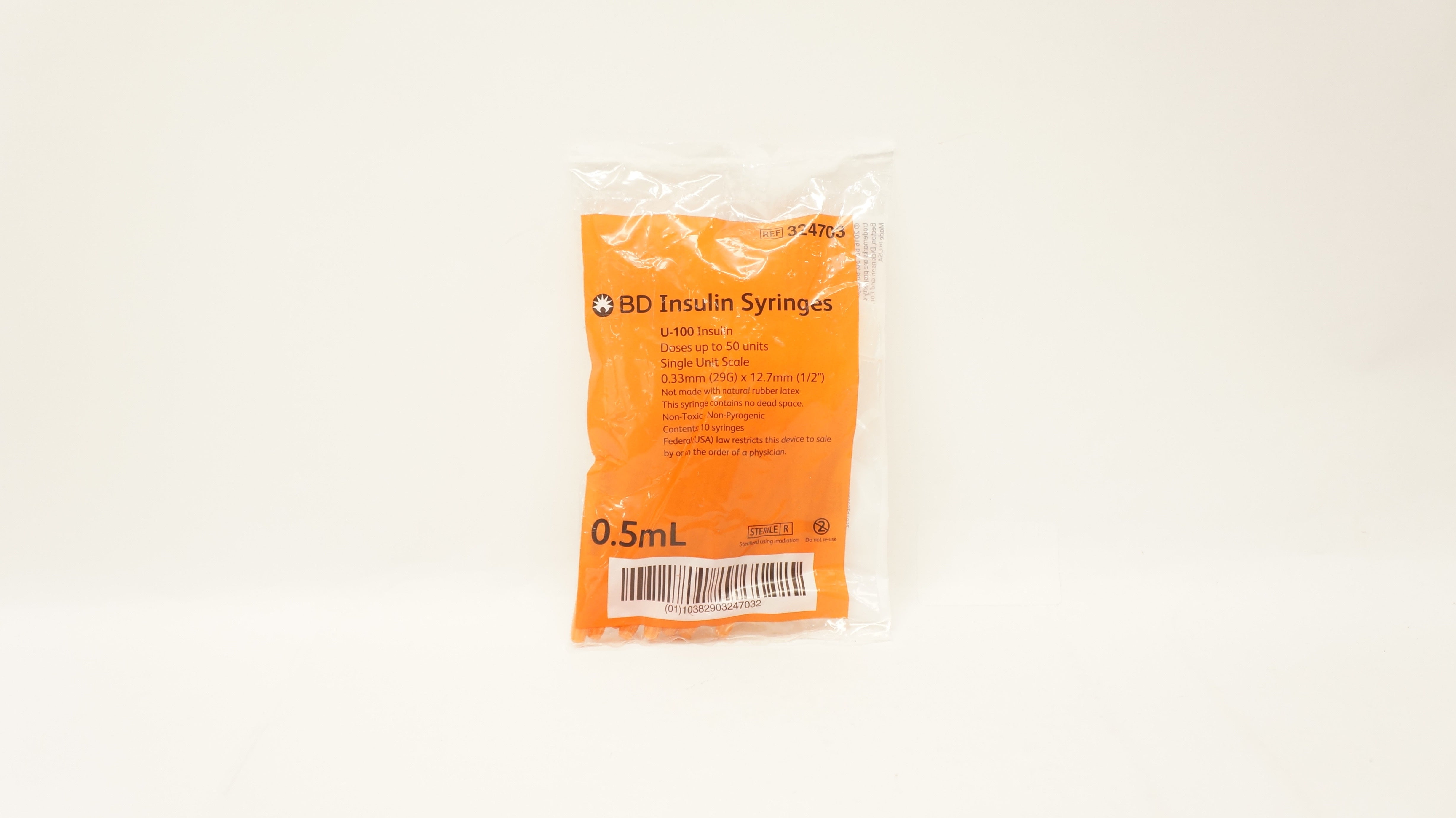 BD 324703 Insulin Syringes 0.5mL, 29G x 1/2inch - Pack of 10